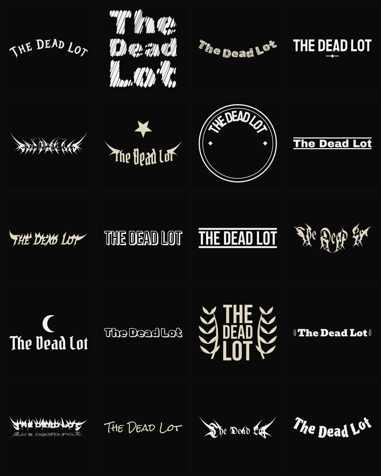 Twenty The Dead Lot band logo ideas — different faces, treatments and spike settings