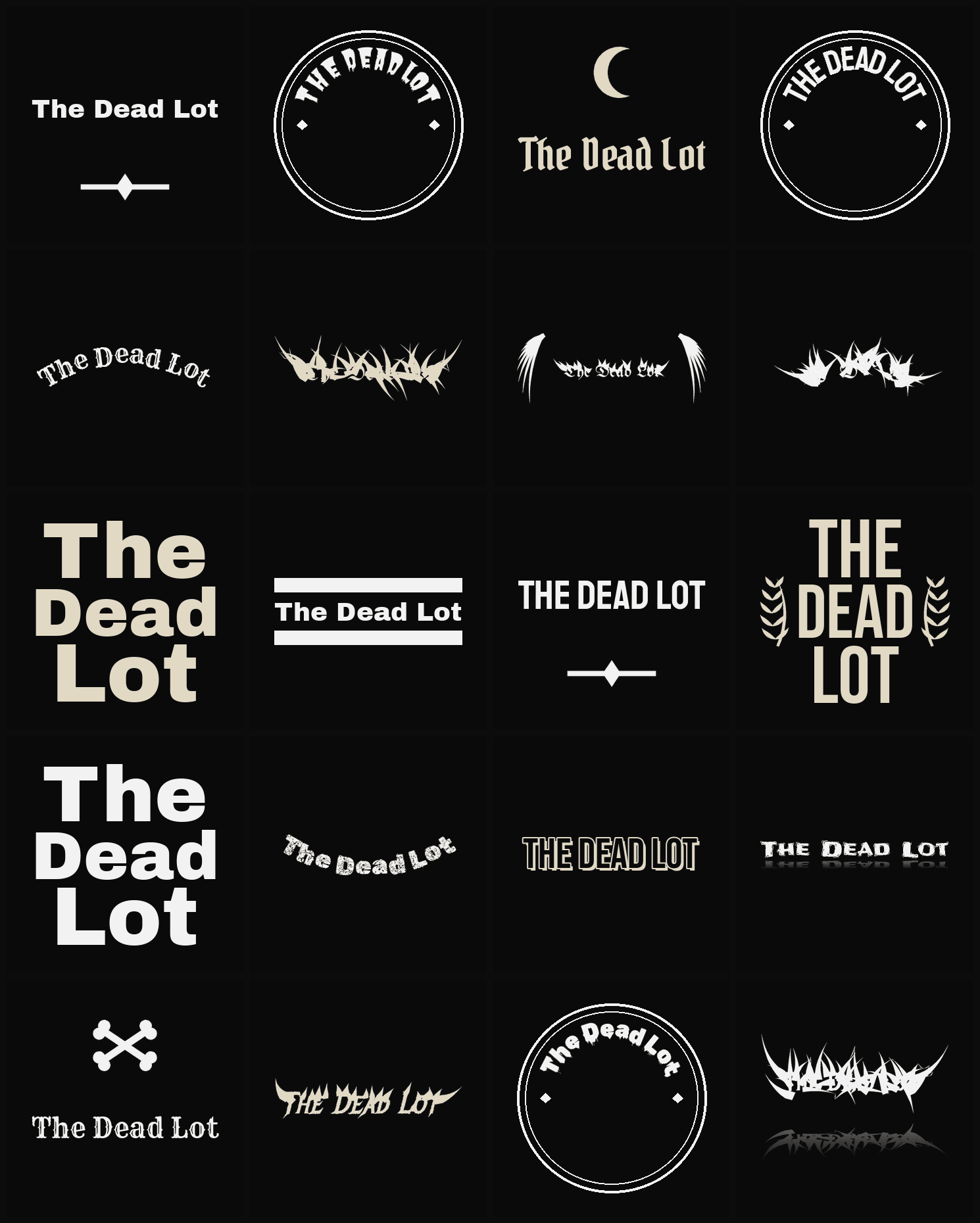 Twenty The Dead Lot band logo ideas — different faces, treatments and spike settings