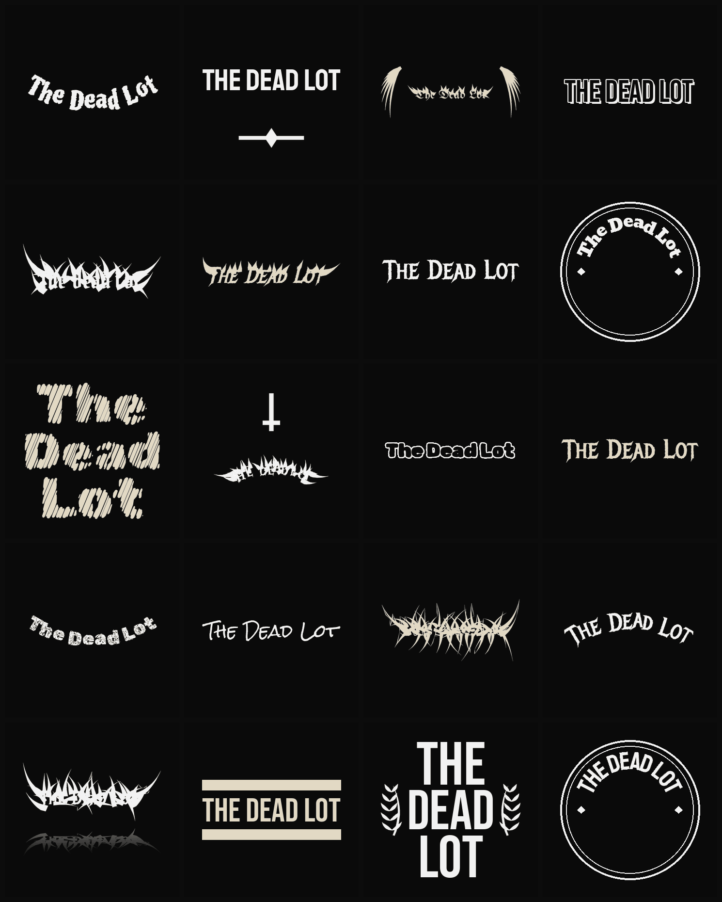 Twenty The Dead Lot band logo ideas — different faces, treatments and spike settings