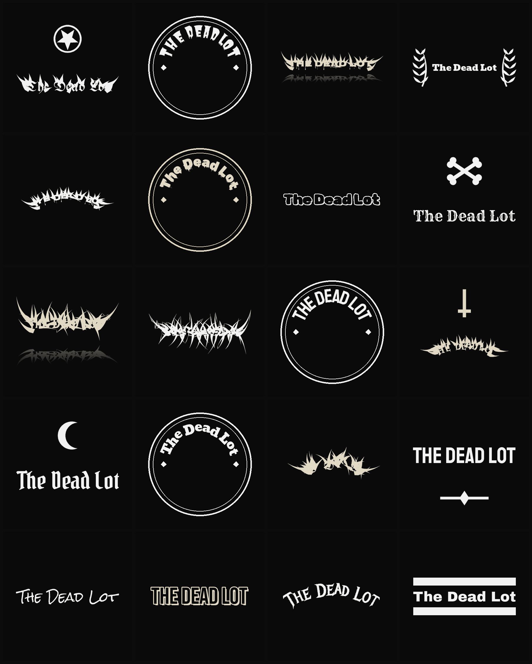 Twenty The Dead Lot band logo ideas — different faces, treatments and spike settings