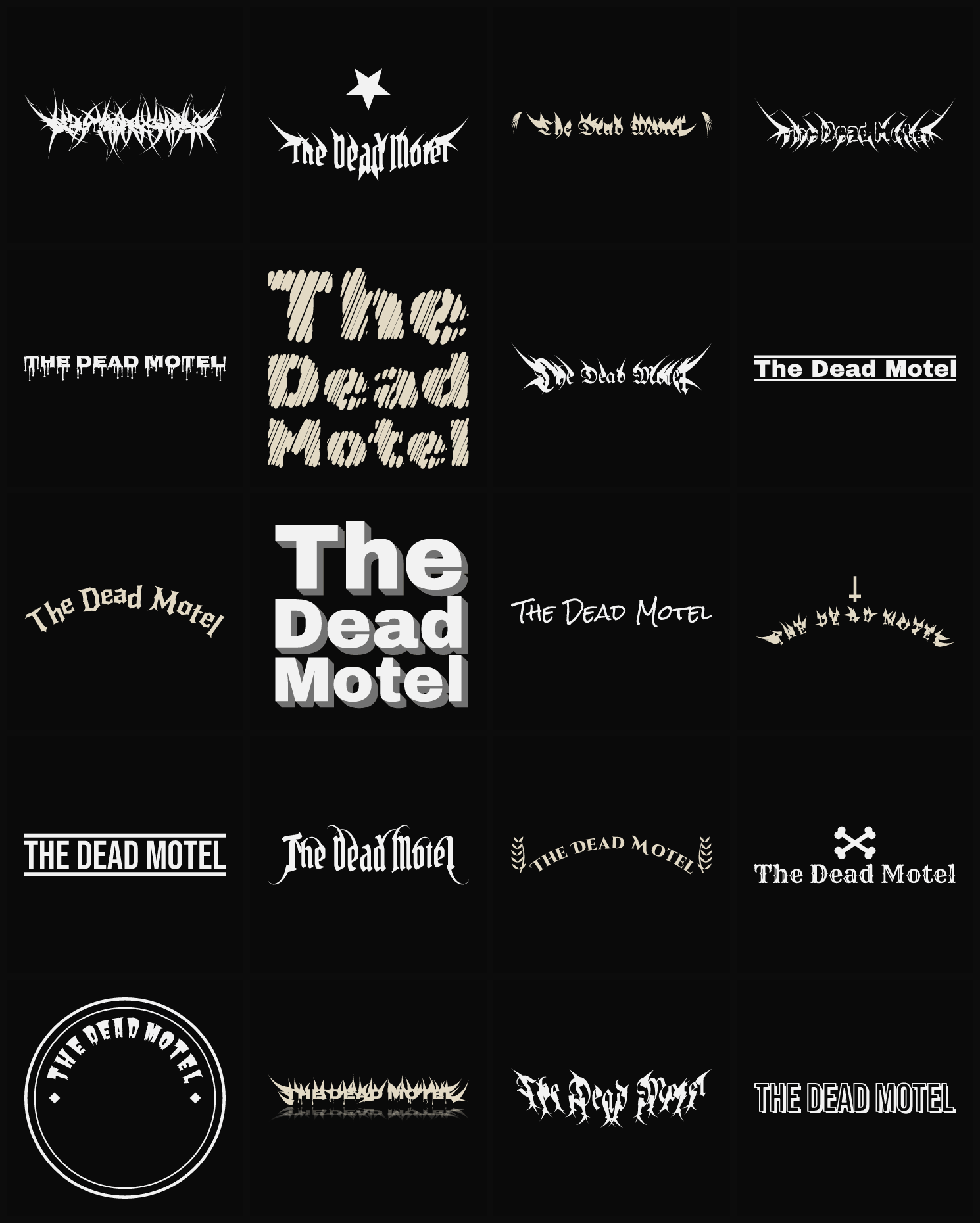 Twenty The Dead Motel band logo ideas — different faces, treatments and spike settings