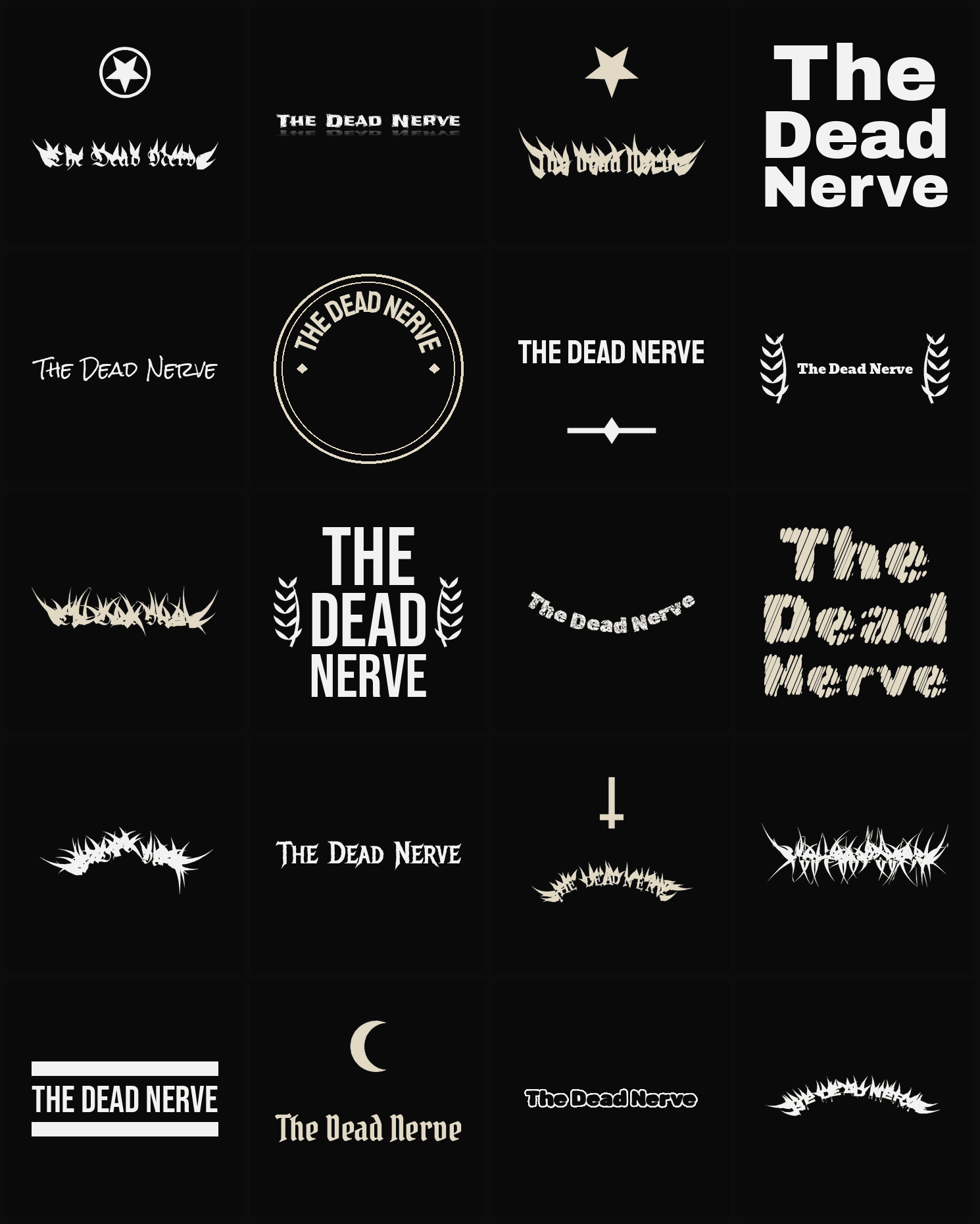 Twenty The Dead Nerve band logo ideas — different faces, treatments and spike settings