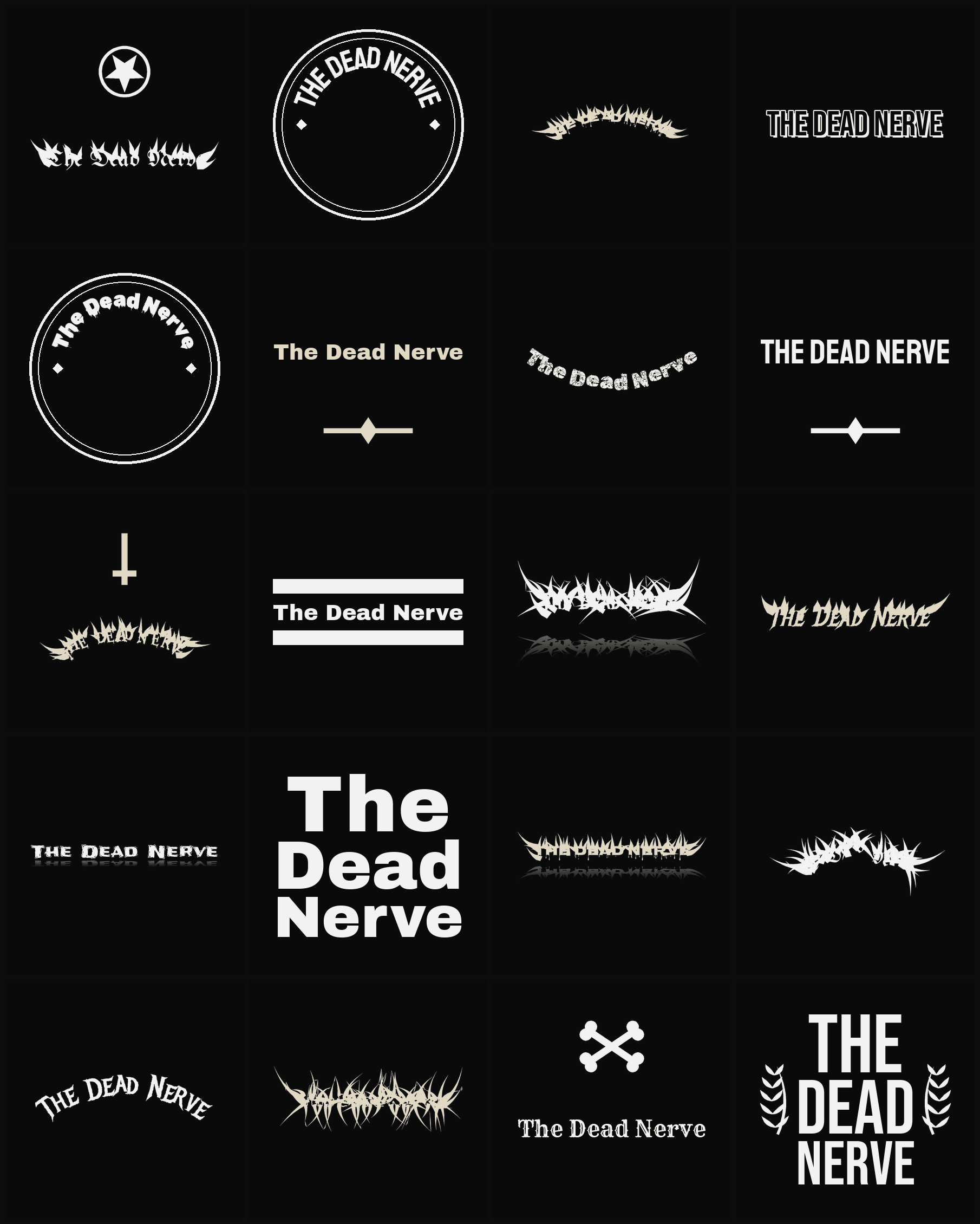 Twenty The Dead Nerve band logo ideas — different faces, treatments and spike settings