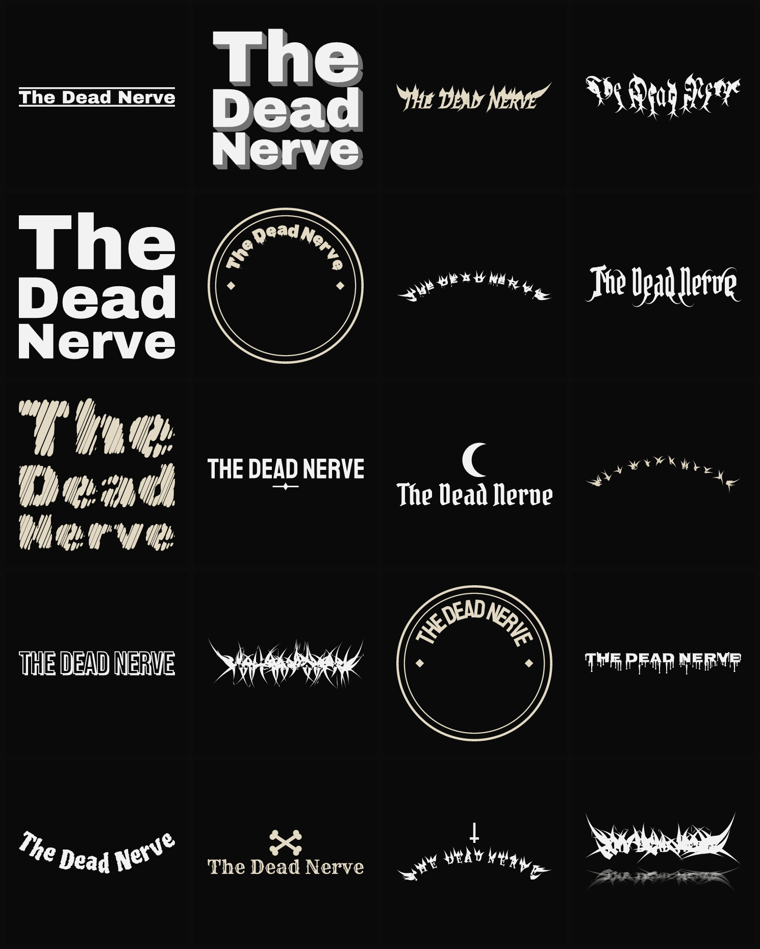 Twenty The Dead Nerve band logo ideas — different faces, treatments and spike settings