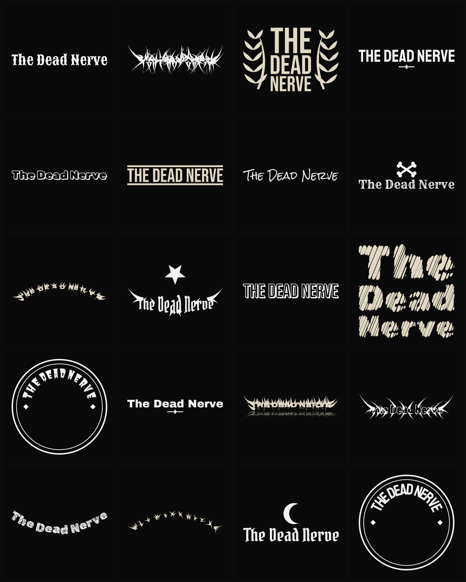 Twenty The Dead Nerve band logo ideas — different faces, treatments and spike settings