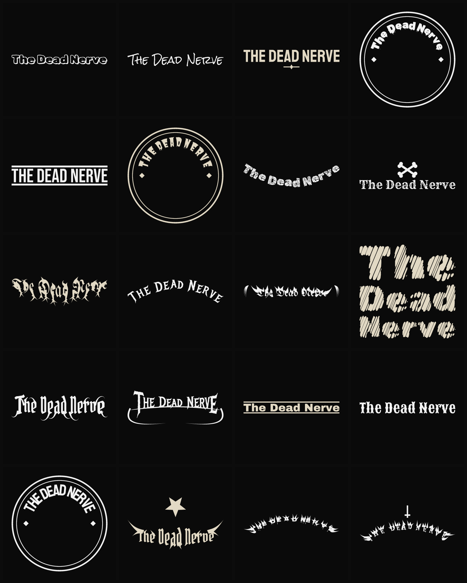 Twenty The Dead Nerve band logo ideas — different faces, treatments and spike settings