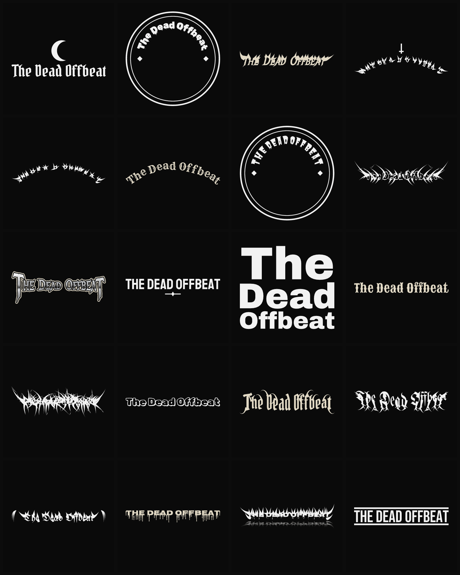 Twenty The Dead Offbeat band logo ideas — different faces, treatments and spike settings