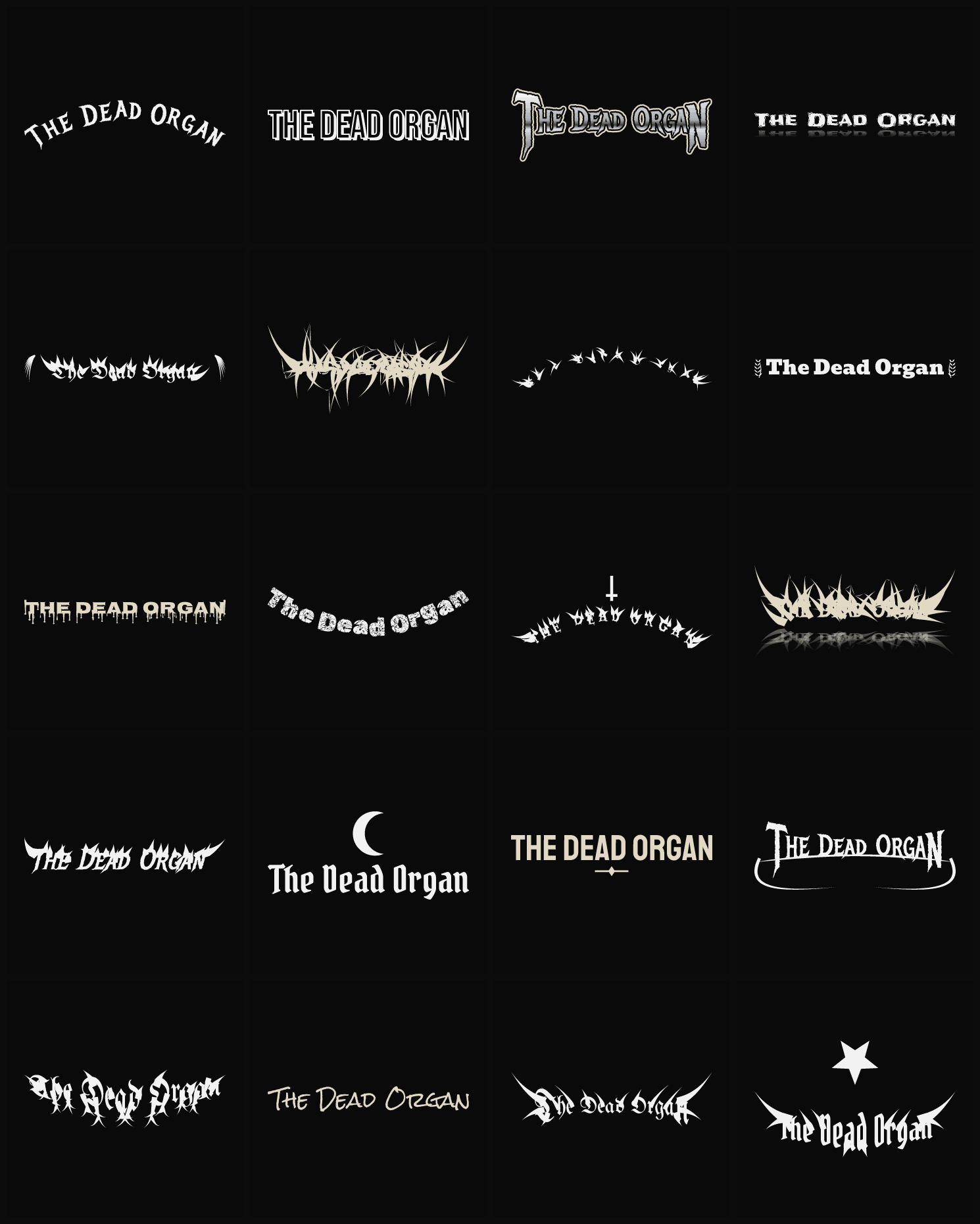 Twenty The Dead Organ band logo ideas — different faces, treatments and spike settings