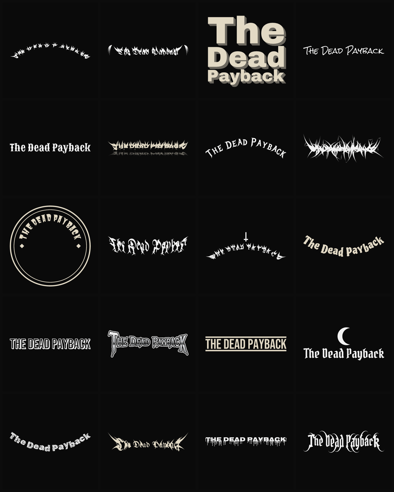 Twenty The Dead Payback band logo ideas — different faces, treatments and spike settings