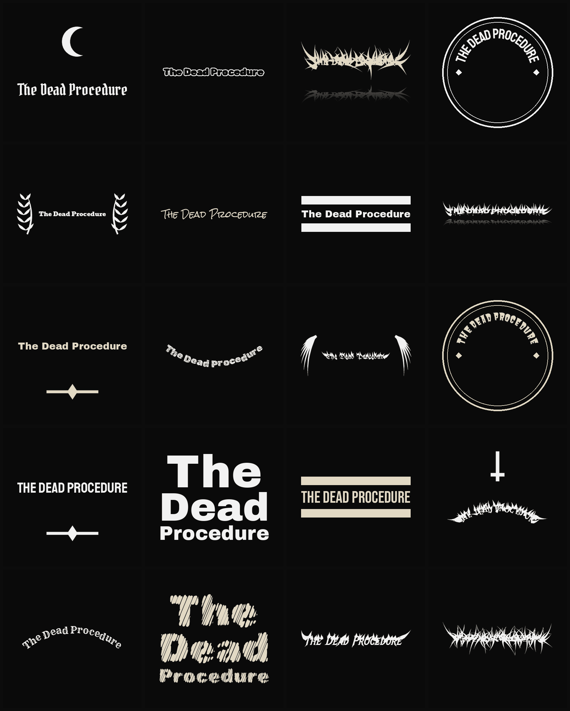 Twenty The Dead Procedure band logo ideas — different faces, treatments and spike settings