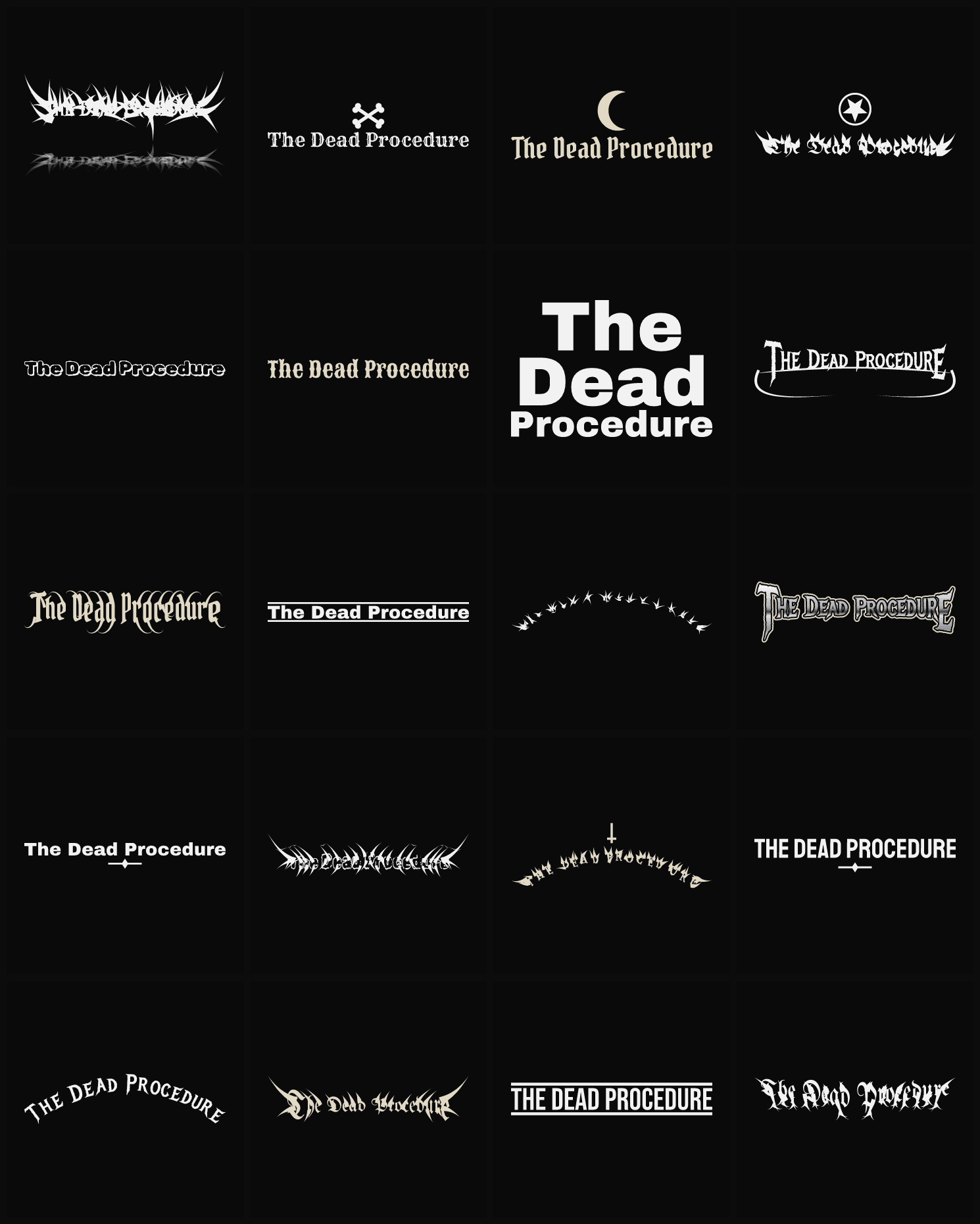 Twenty The Dead Procedure band logo ideas — different faces, treatments and spike settings