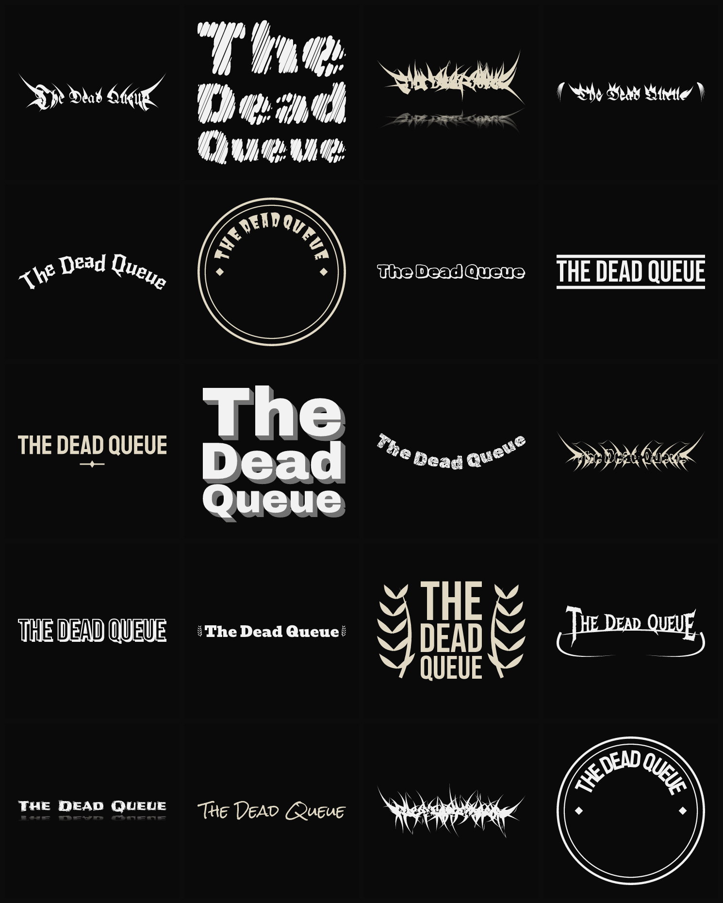 Twenty The Dead Queue band logo ideas — different faces, treatments and spike settings