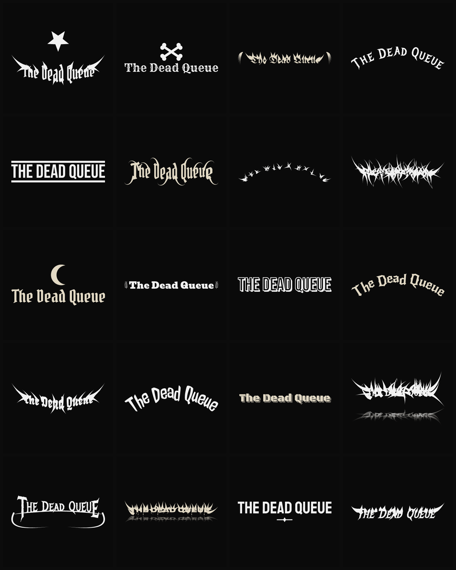 Twenty The Dead Queue band logo ideas — different faces, treatments and spike settings