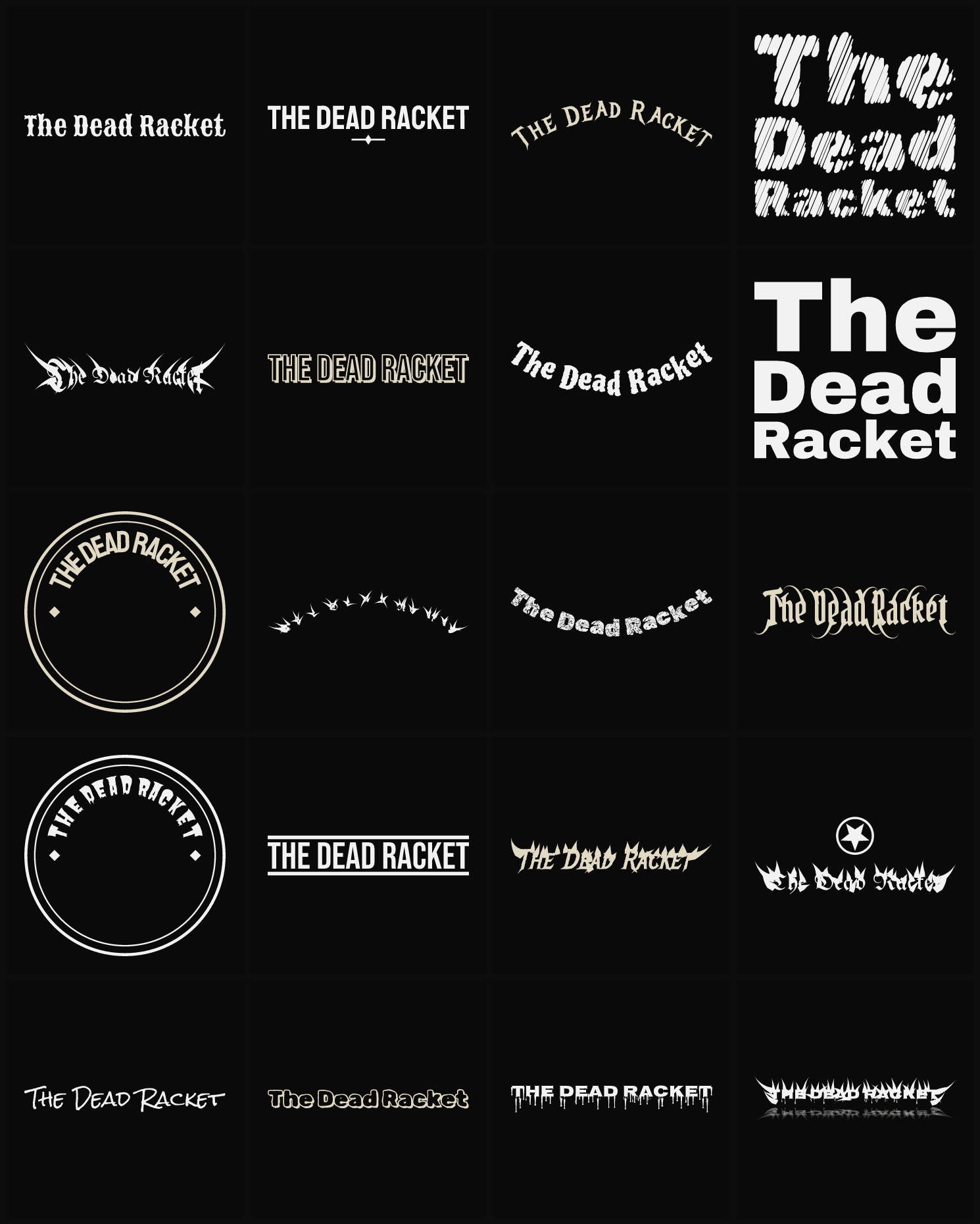 Twenty The Dead Racket band logo ideas — different faces, treatments and spike settings