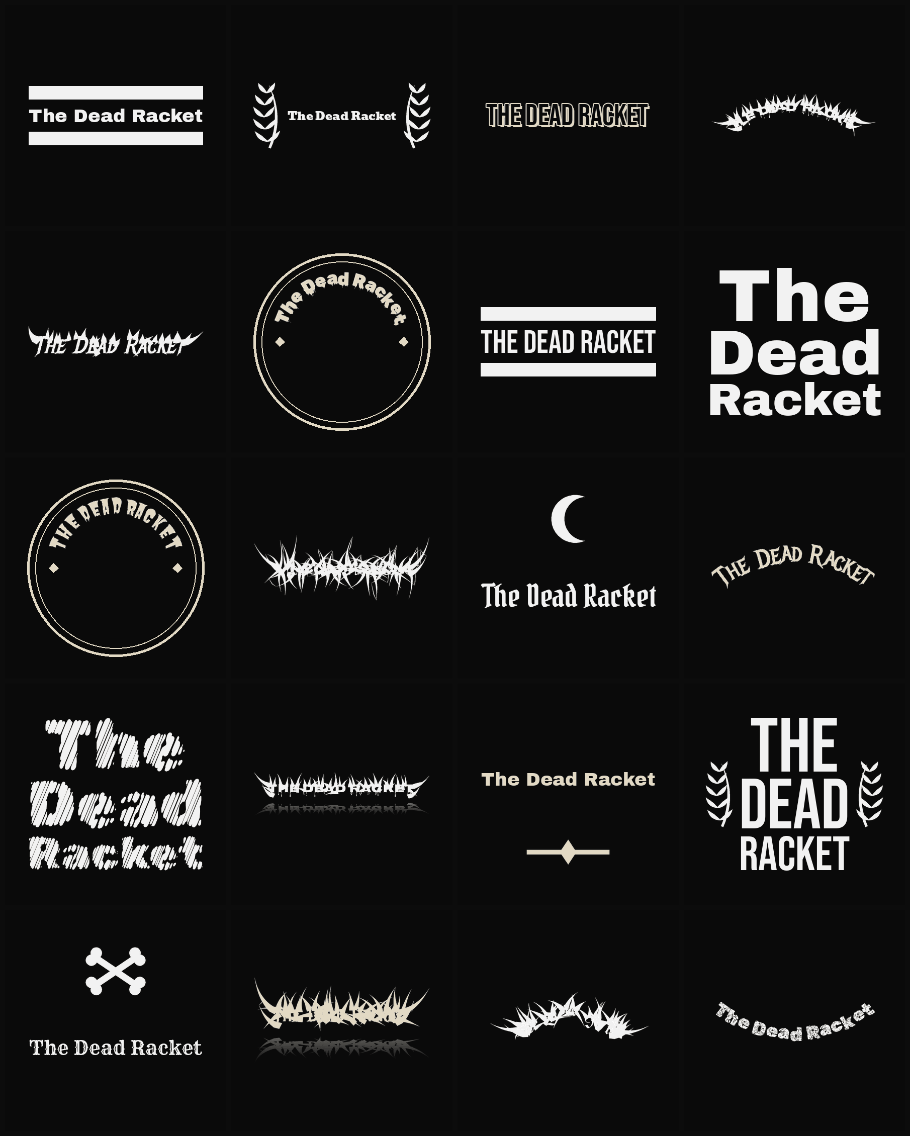Twenty The Dead Racket band logo ideas — different faces, treatments and spike settings