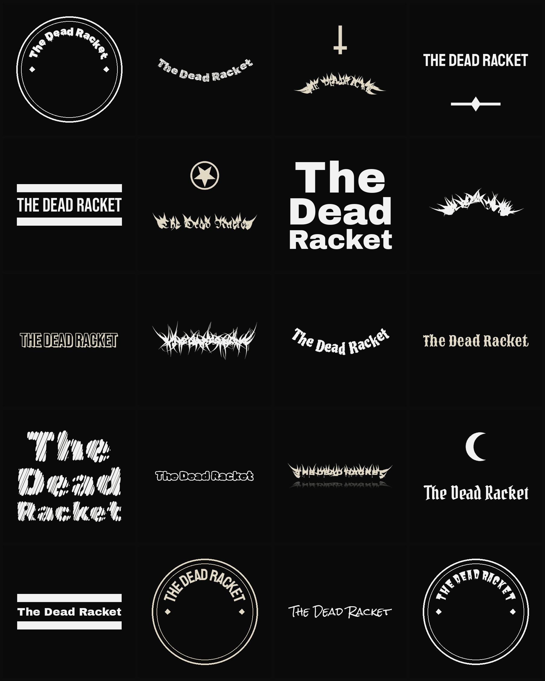 Twenty The Dead Racket band logo ideas — different faces, treatments and spike settings