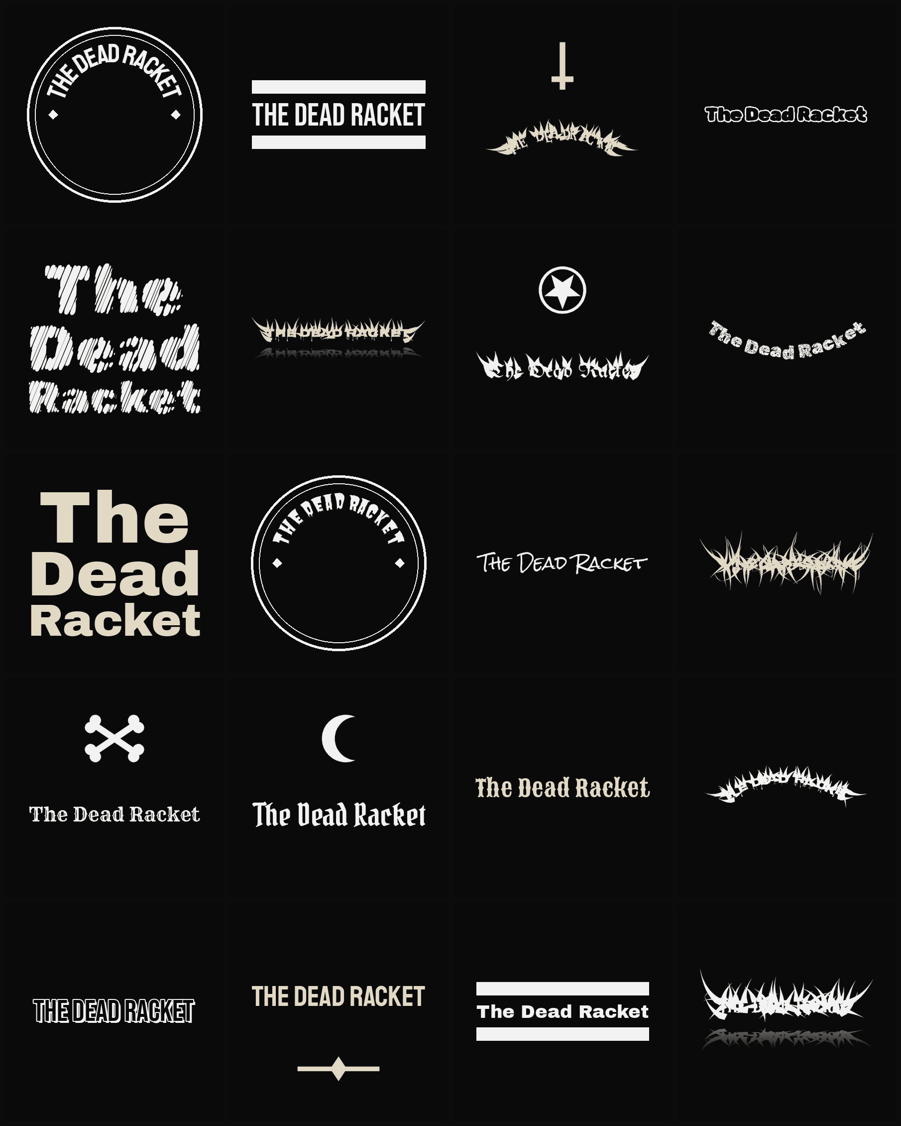 Twenty The Dead Racket band logo ideas — different faces, treatments and spike settings