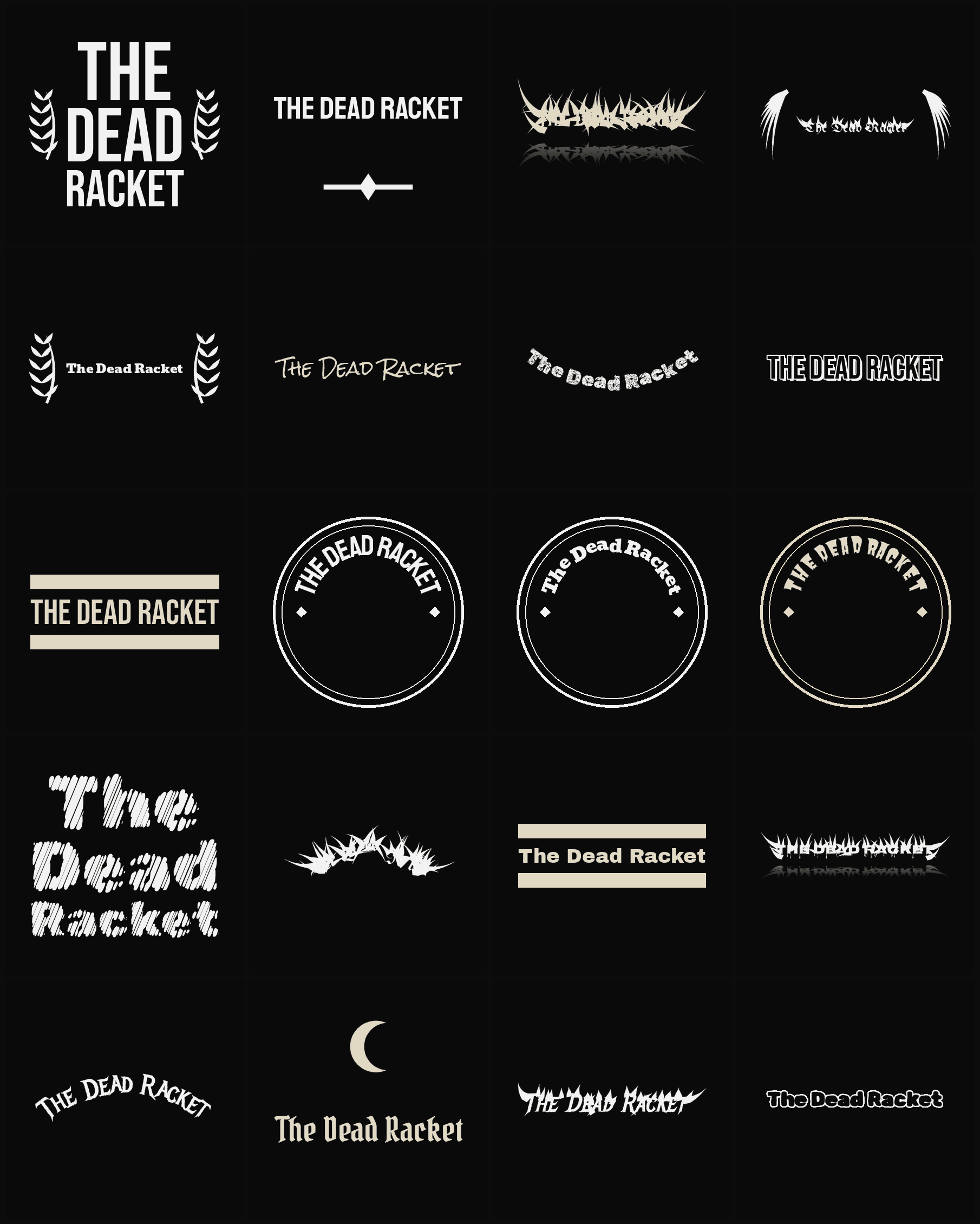Twenty The Dead Racket band logo ideas — different faces, treatments and spike settings