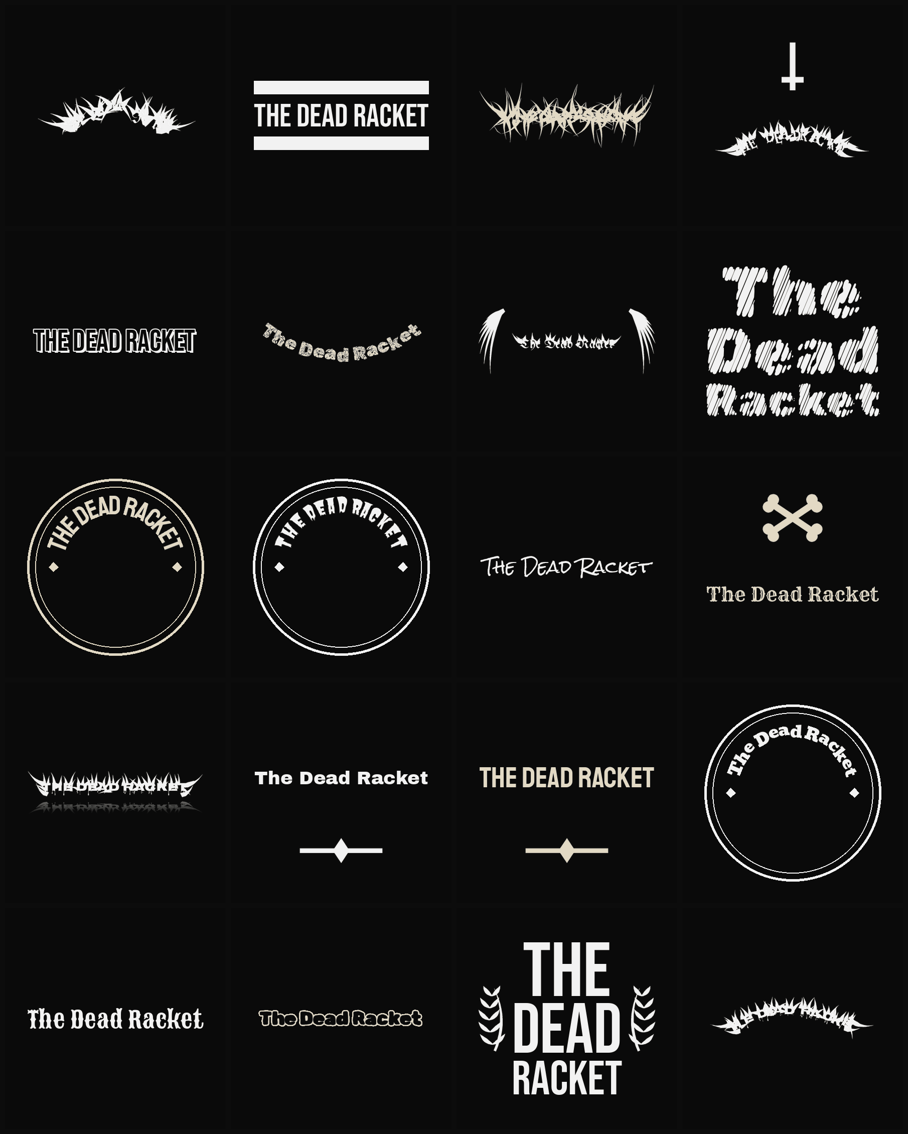 Twenty The Dead Racket band logo ideas — different faces, treatments and spike settings