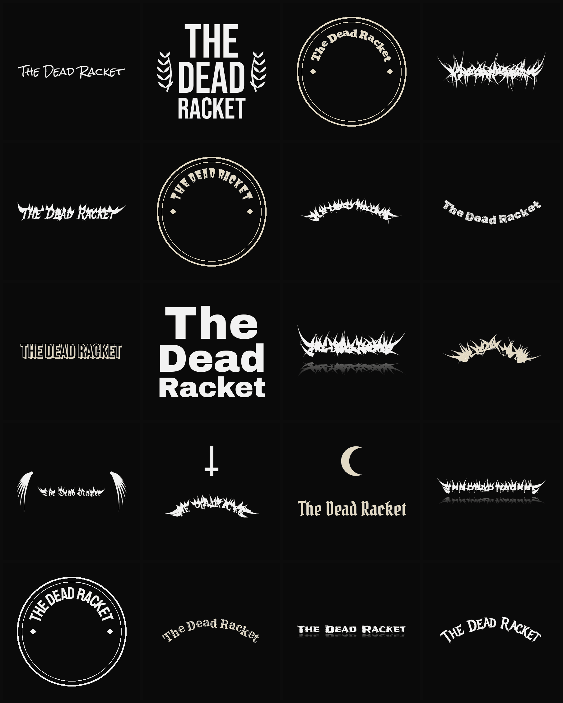 Twenty The Dead Racket band logo ideas — different faces, treatments and spike settings