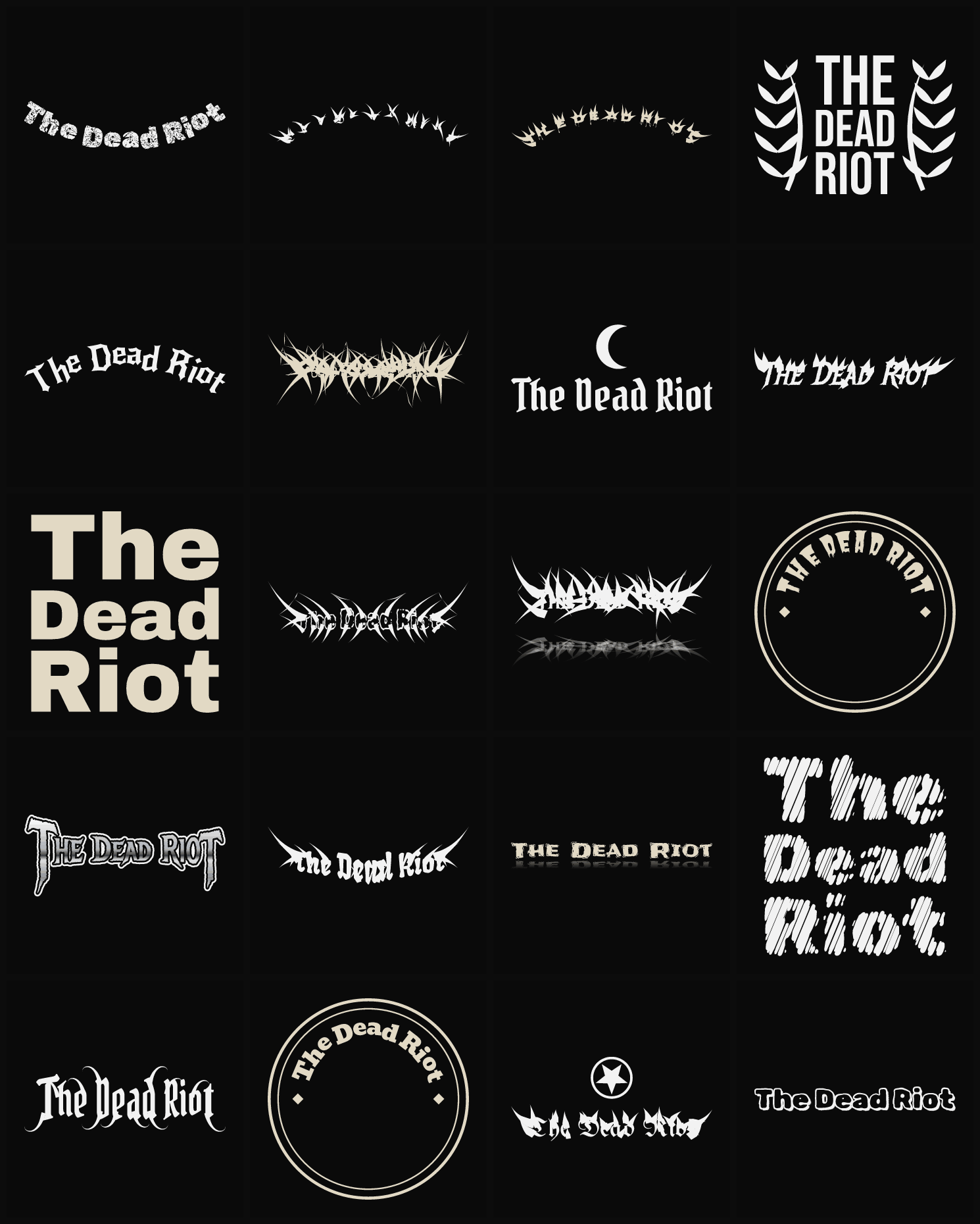 Twenty The Dead Riot band logo ideas — different faces, treatments and spike settings