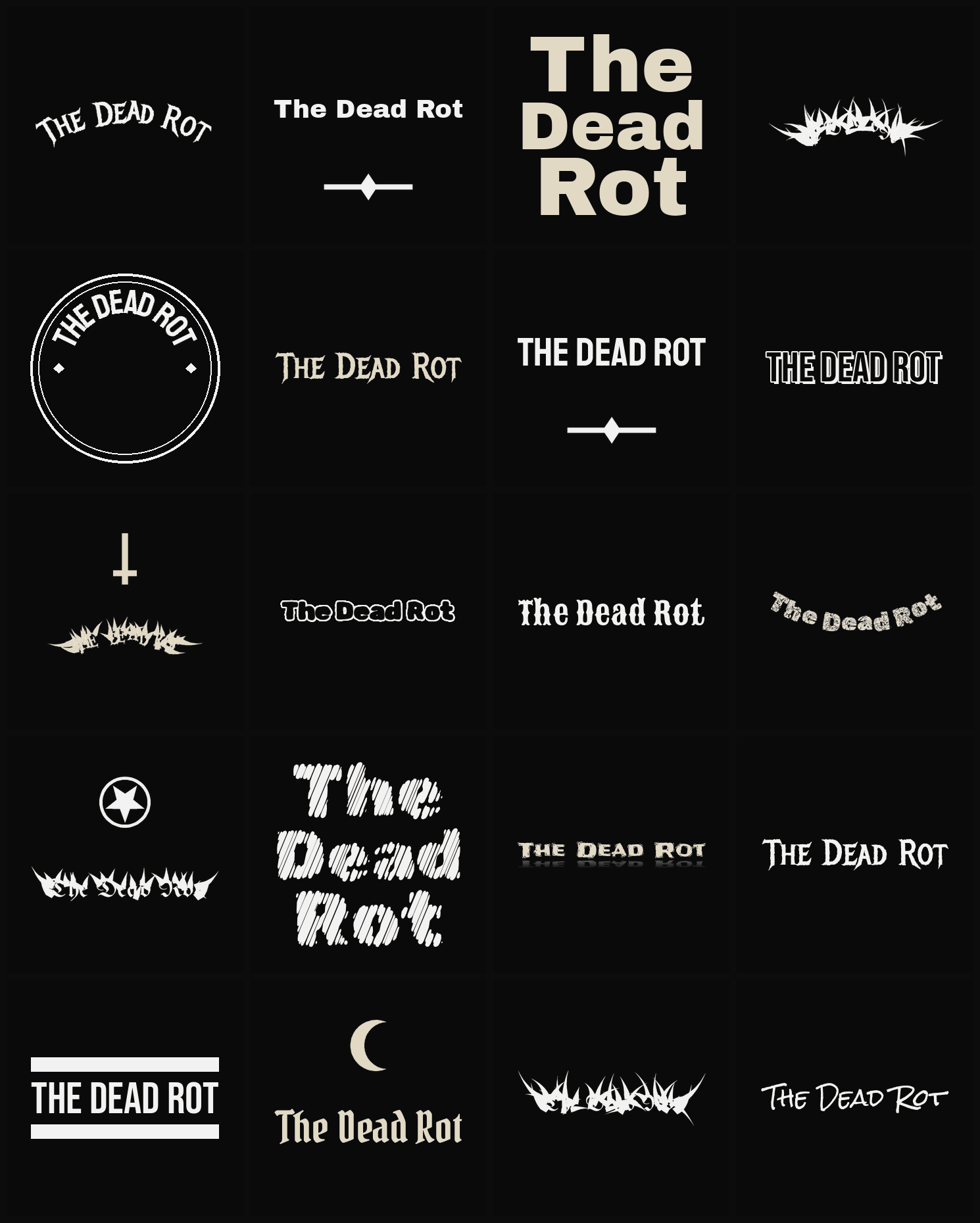 Twenty The Dead Rot band logo ideas — different faces, treatments and spike settings
