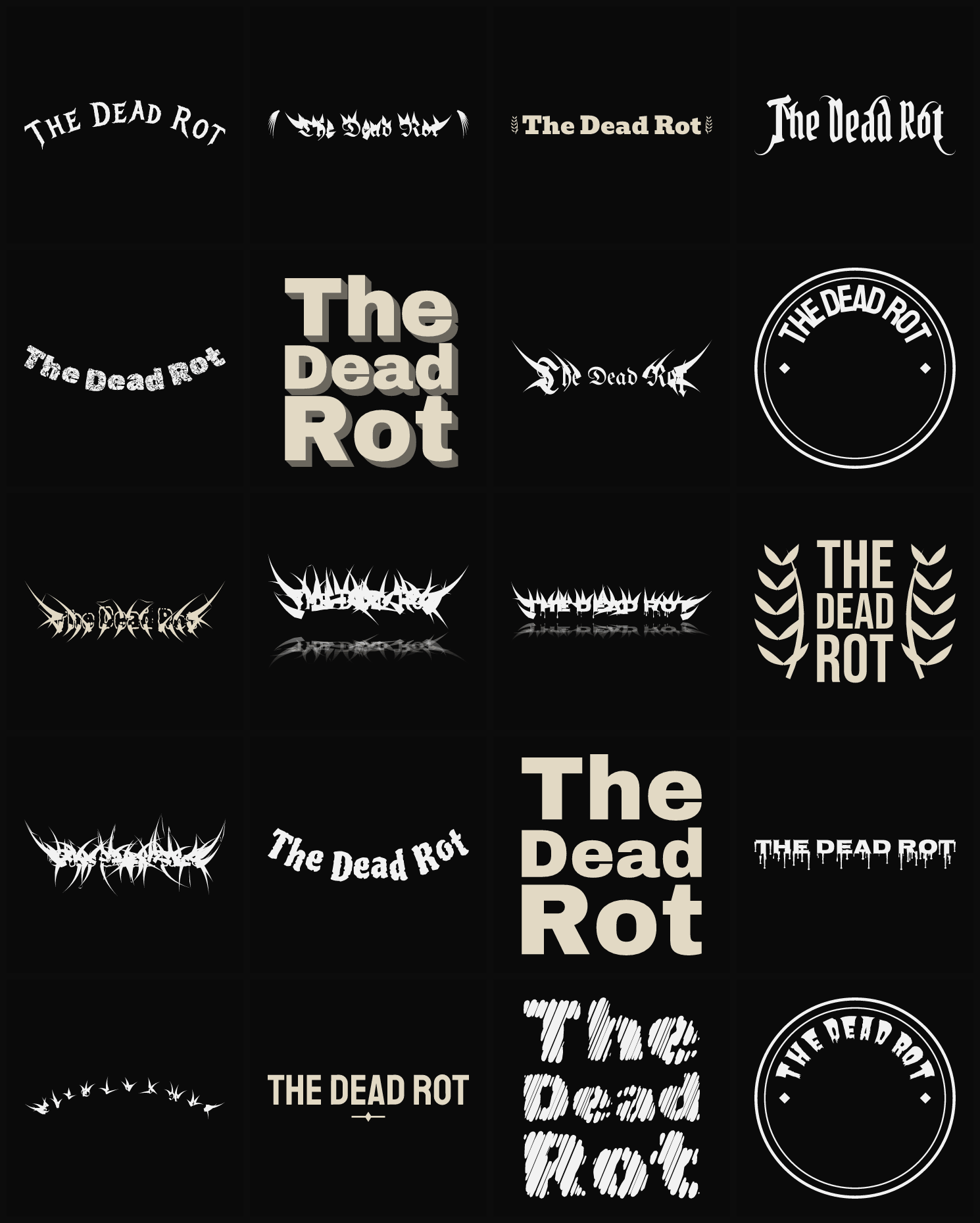 Twenty The Dead Rot band logo ideas — different faces, treatments and spike settings