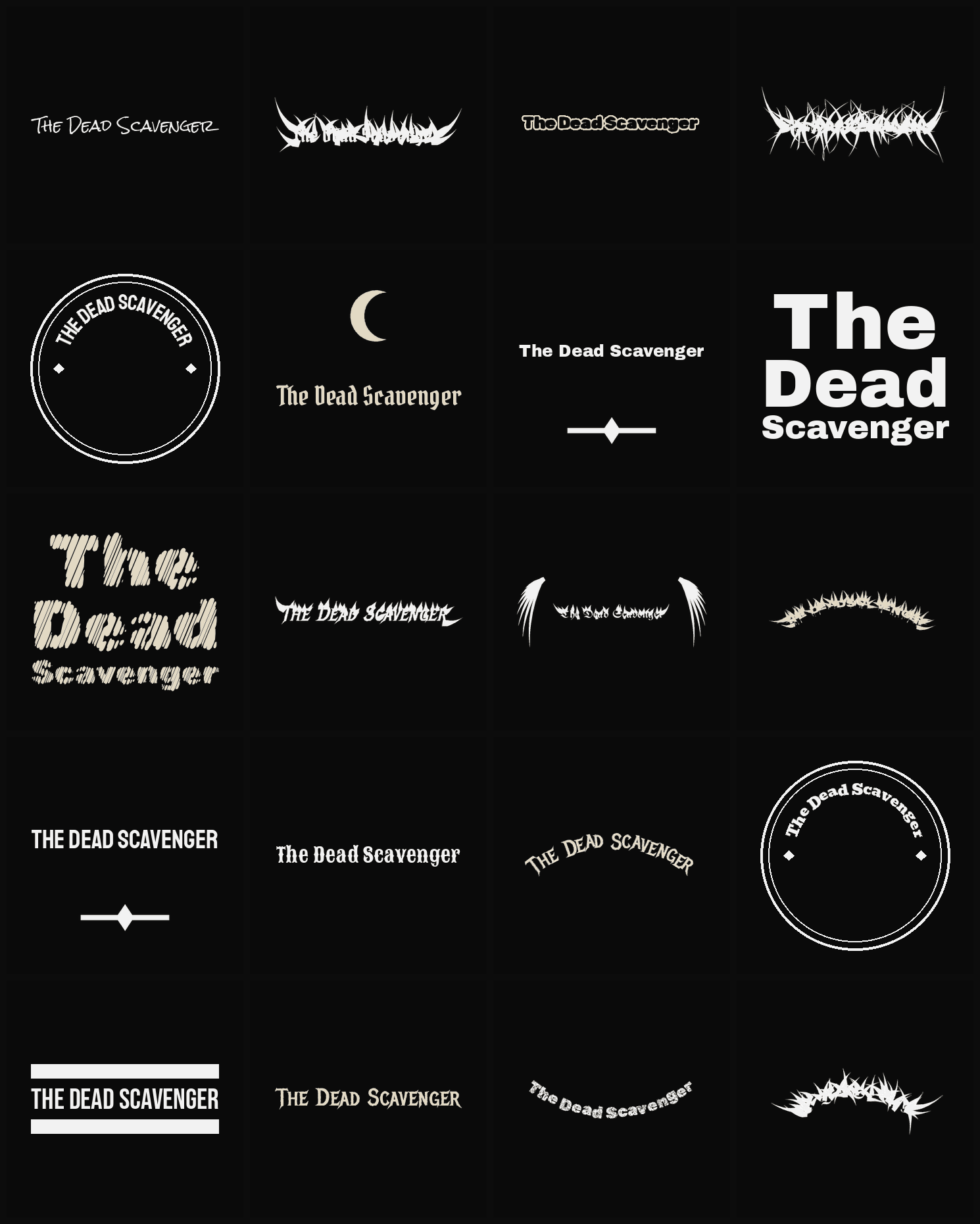Twenty The Dead Scavenger band logo ideas — different faces, treatments and spike settings