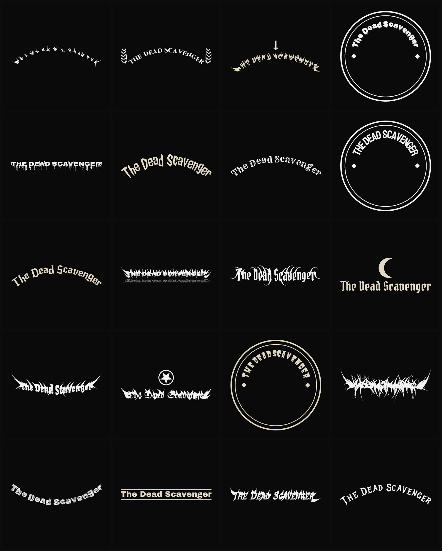 Twenty The Dead Scavenger band logo ideas — different faces, treatments and spike settings