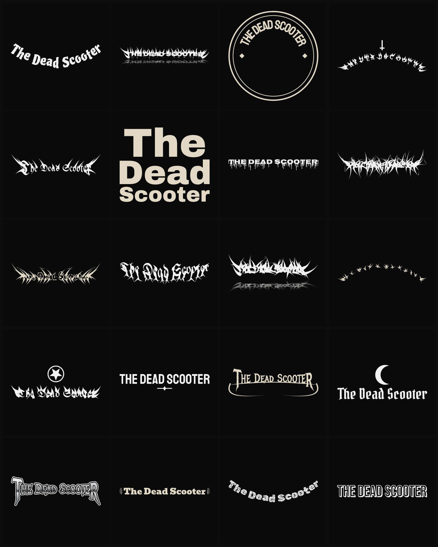 Twenty The Dead Scooter band logo ideas — different faces, treatments and spike settings