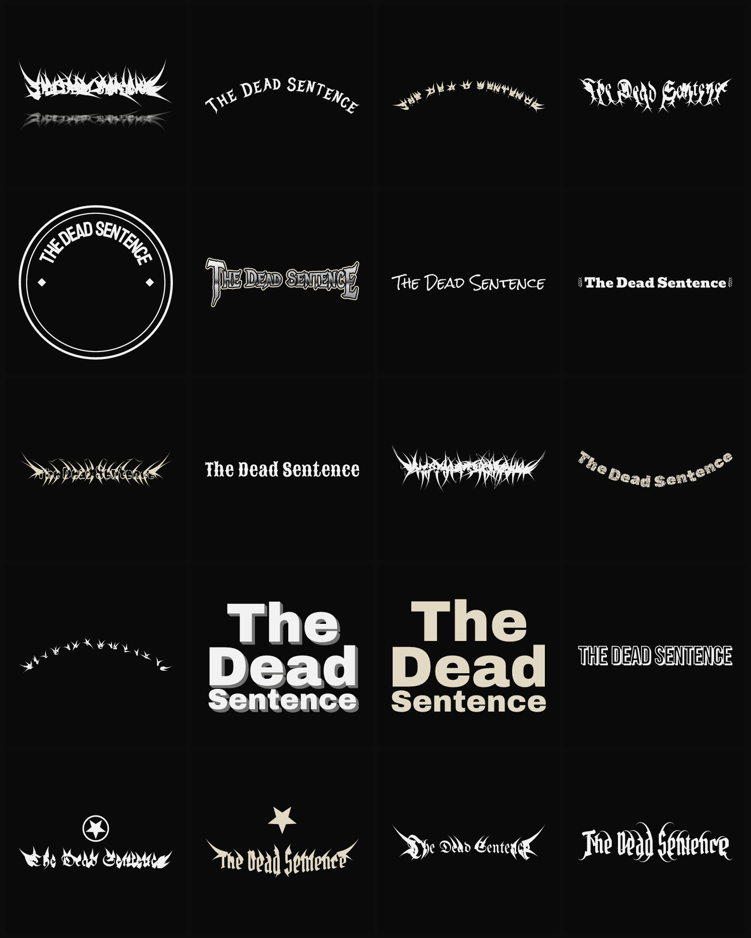 Twenty The Dead Sentence band logo ideas — different faces, treatments and spike settings