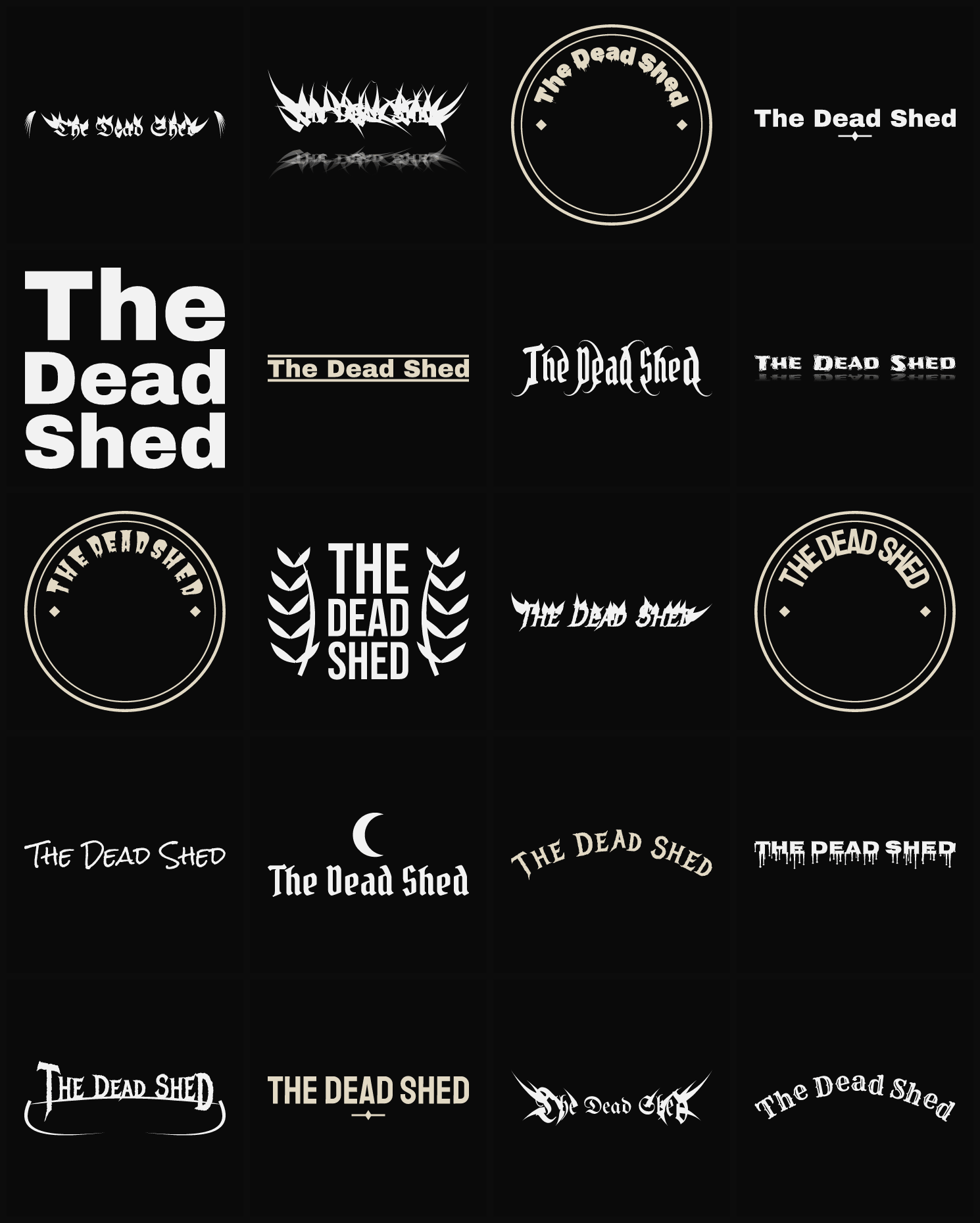 Twenty The Dead Shed band logo ideas — different faces, treatments and spike settings