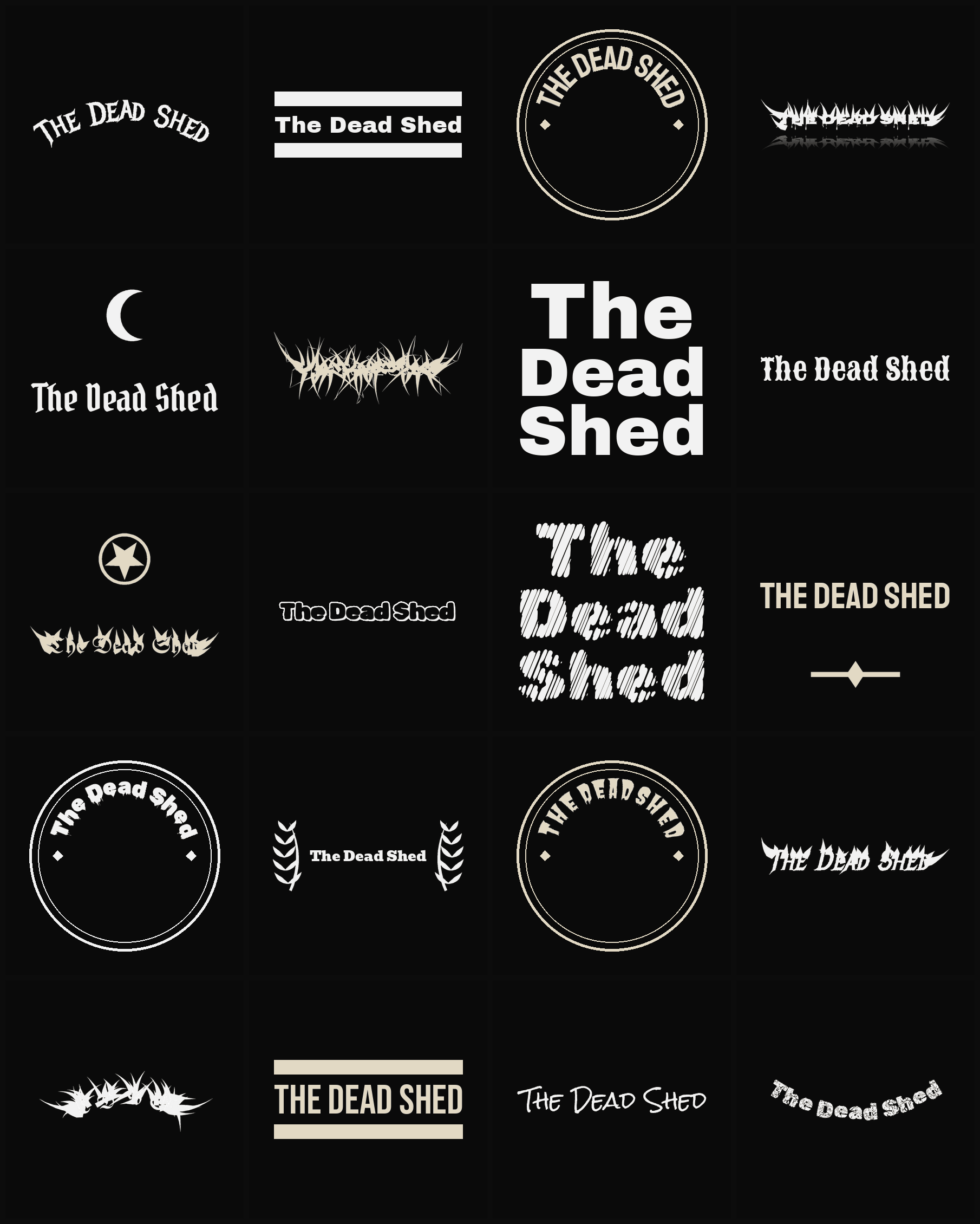 Twenty The Dead Shed band logo ideas — different faces, treatments and spike settings