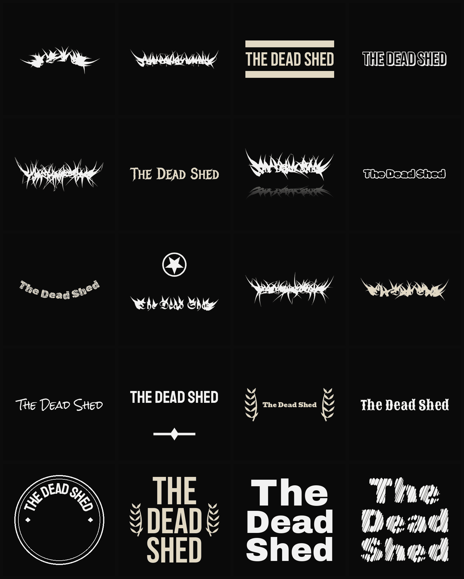 Twenty The Dead Shed band logo ideas — different faces, treatments and spike settings