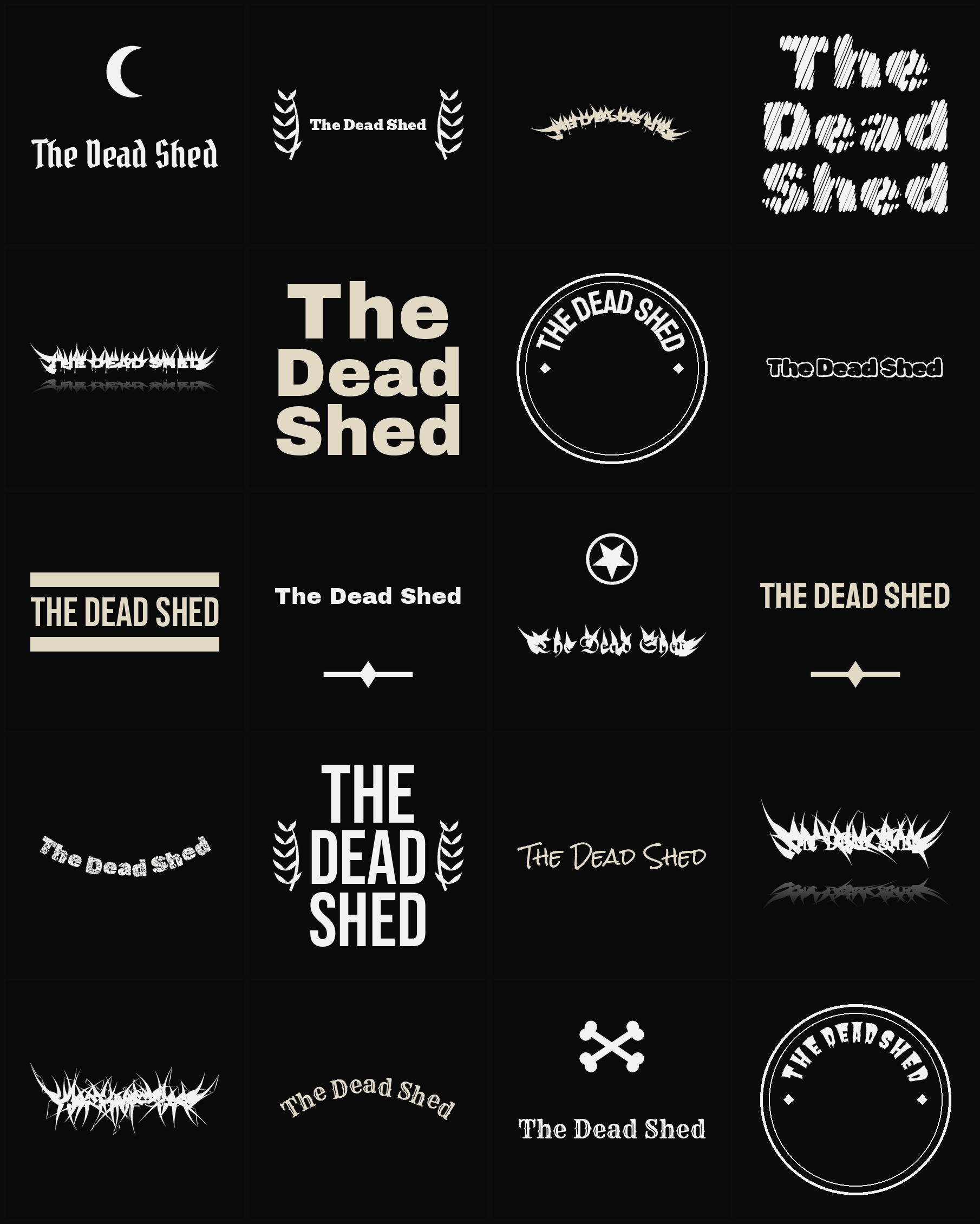 Twenty The Dead Shed band logo ideas — different faces, treatments and spike settings