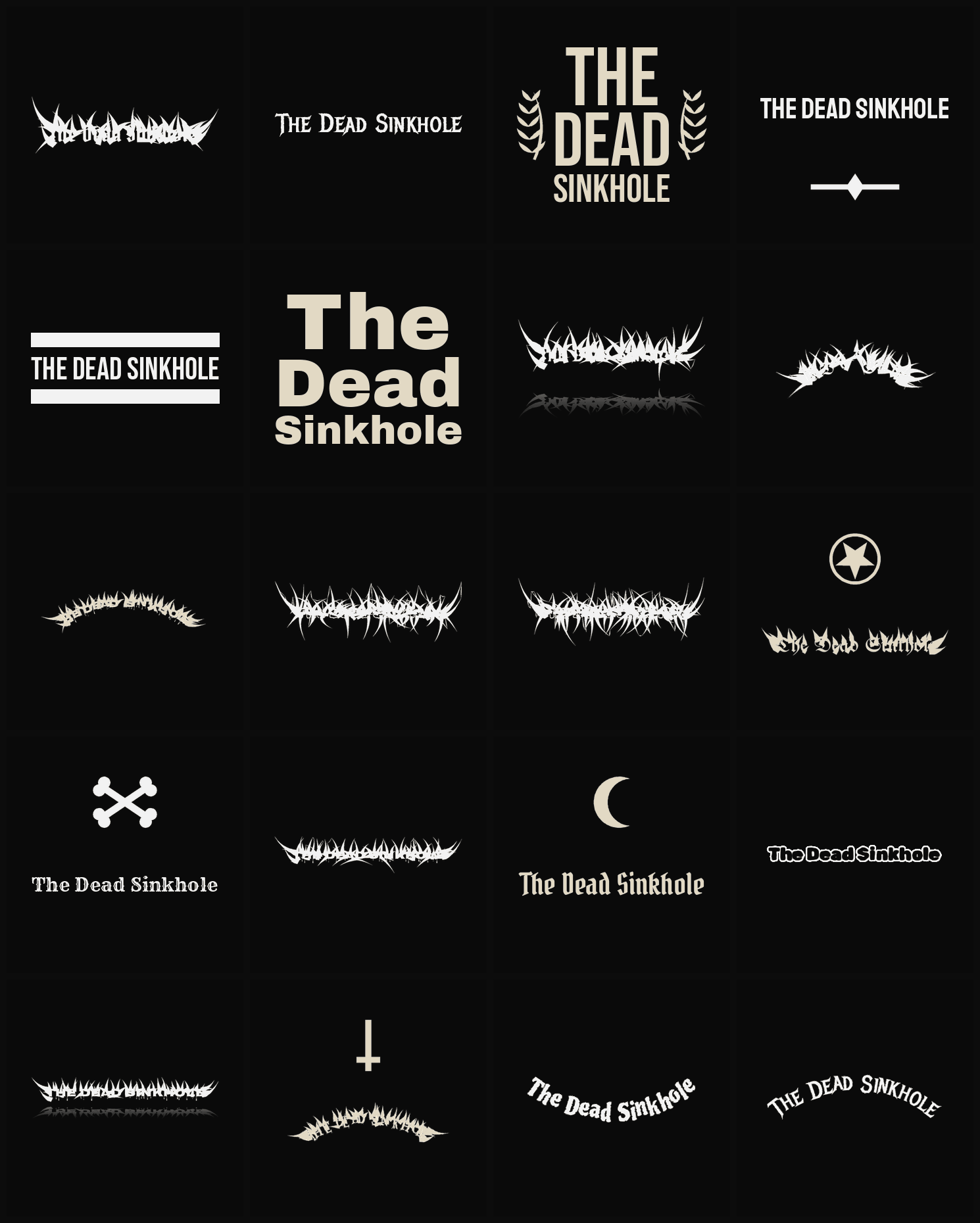Twenty The Dead Sinkhole band logo ideas — different faces, treatments and spike settings