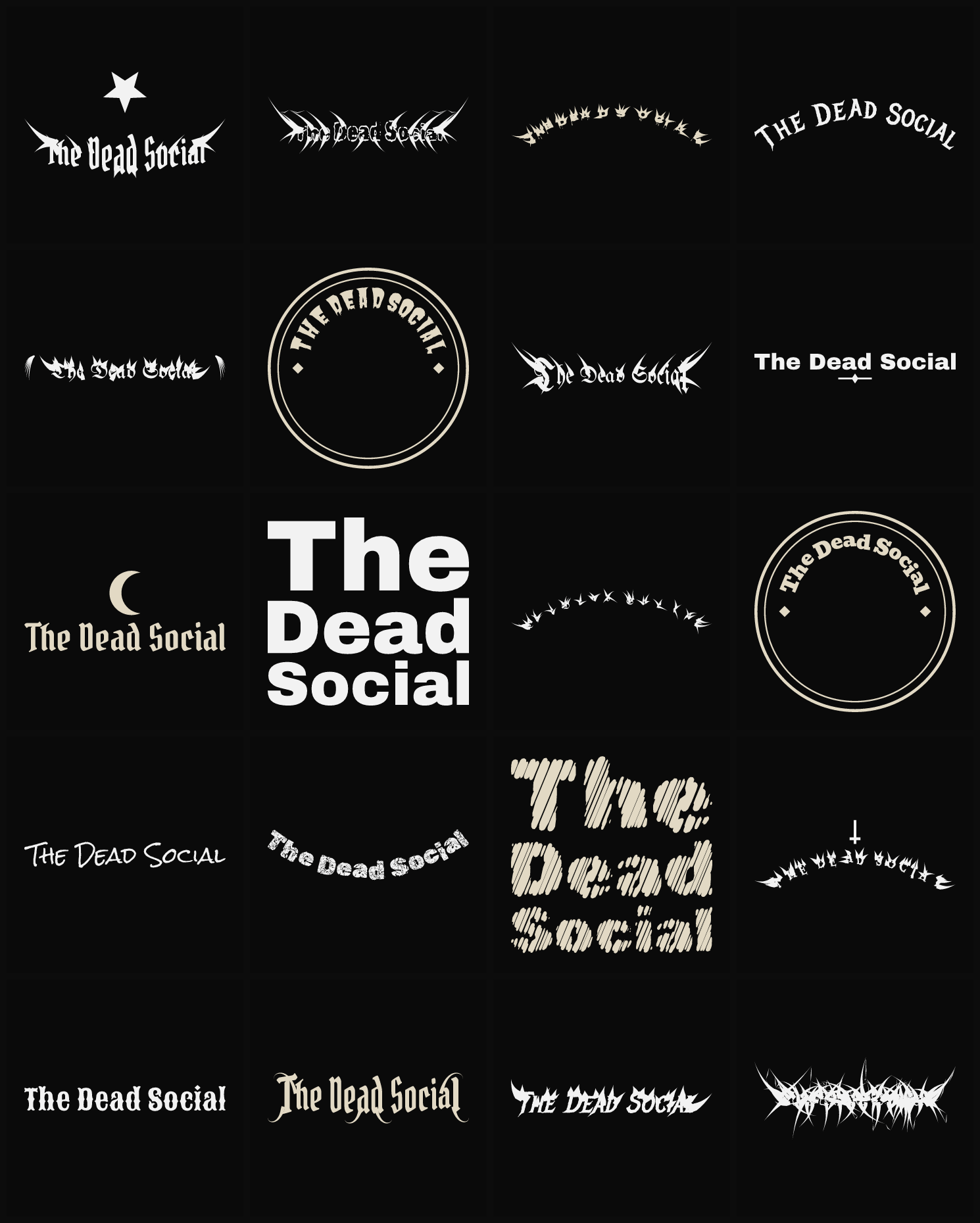 Twenty The Dead Social band logo ideas — different faces, treatments and spike settings