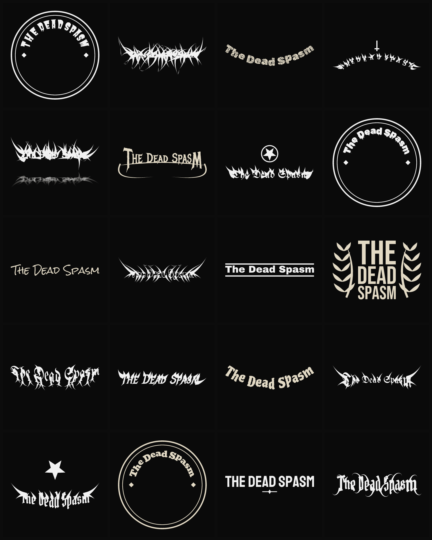 Twenty The Dead Spasm band logo ideas — different faces, treatments and spike settings