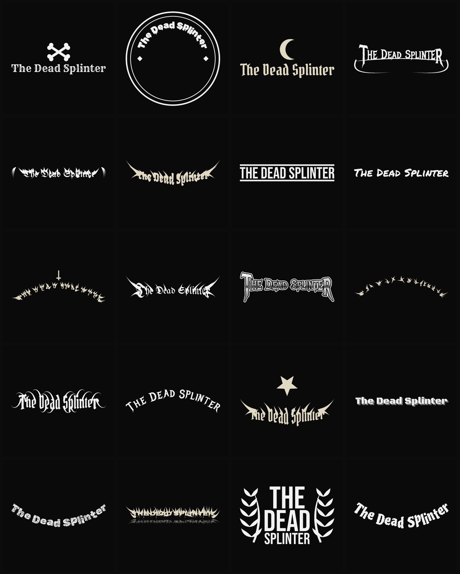 Twenty The Dead Splinter band logo ideas — different faces, treatments and spike settings