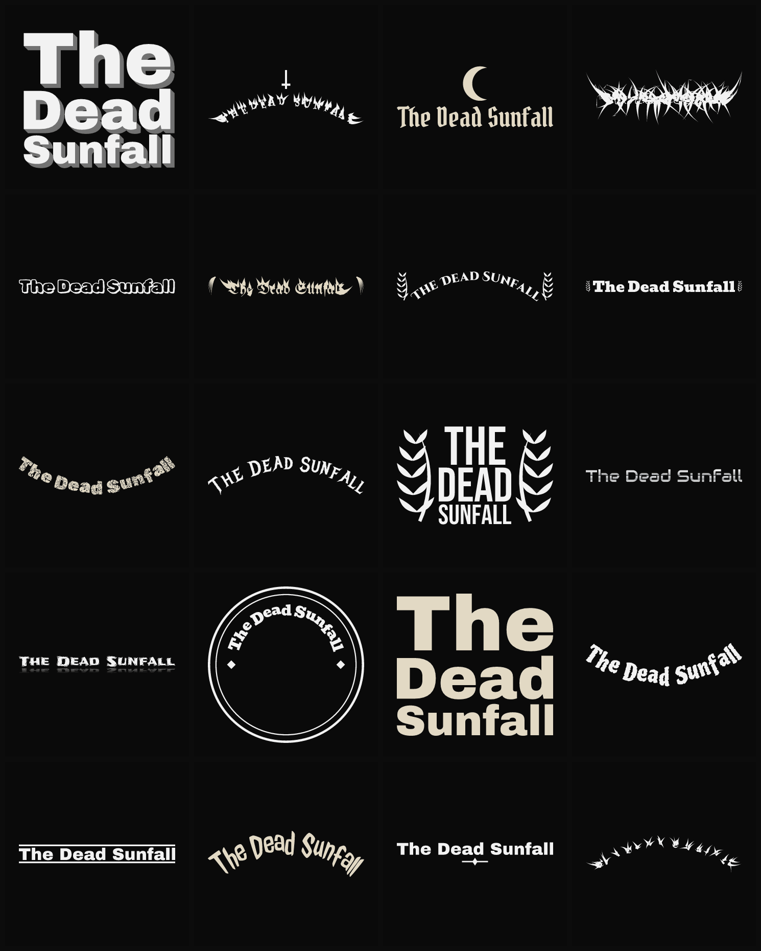 Twenty The Dead Sunfall band logo ideas — different faces, treatments and spike settings