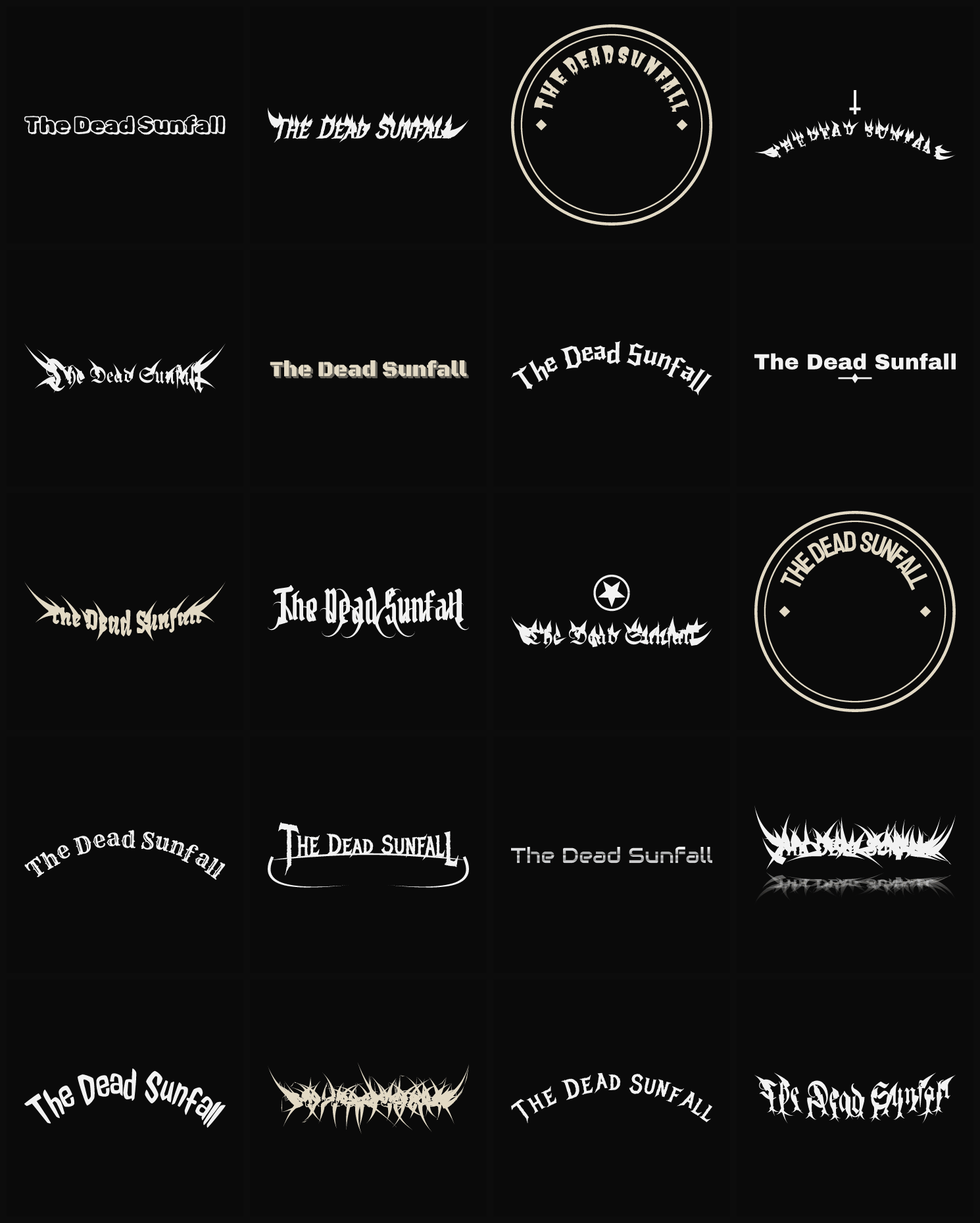 Twenty The Dead Sunfall band logo ideas — different faces, treatments and spike settings
