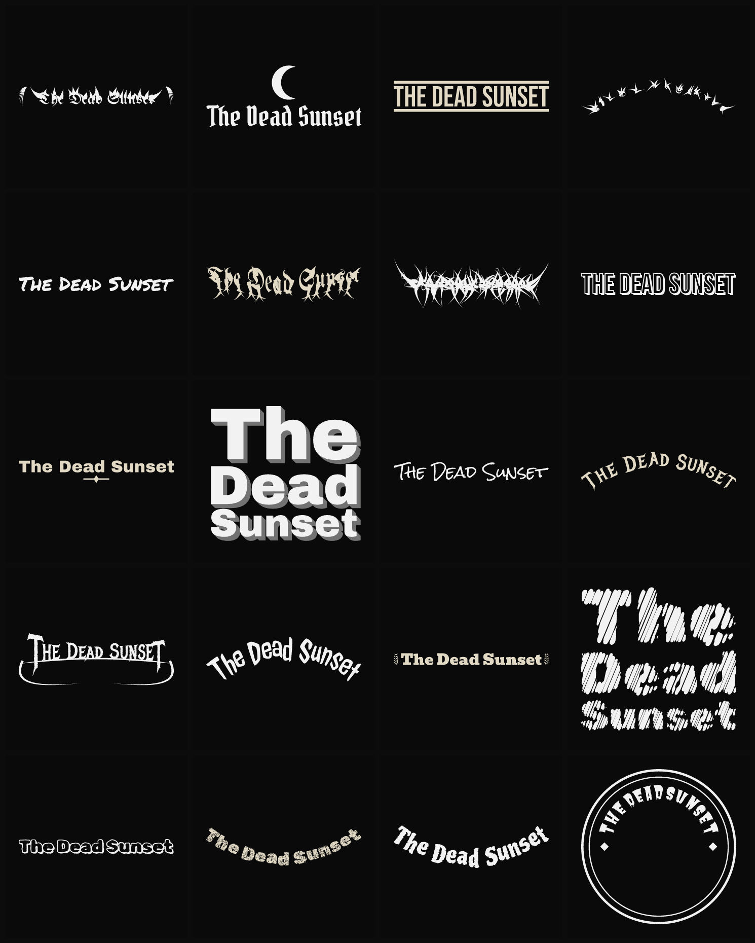Twenty The Dead Sunset band logo ideas — different faces, treatments and spike settings