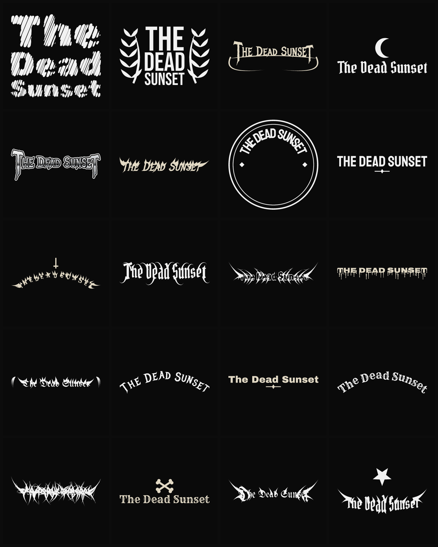 Twenty The Dead Sunset band logo ideas — different faces, treatments and spike settings