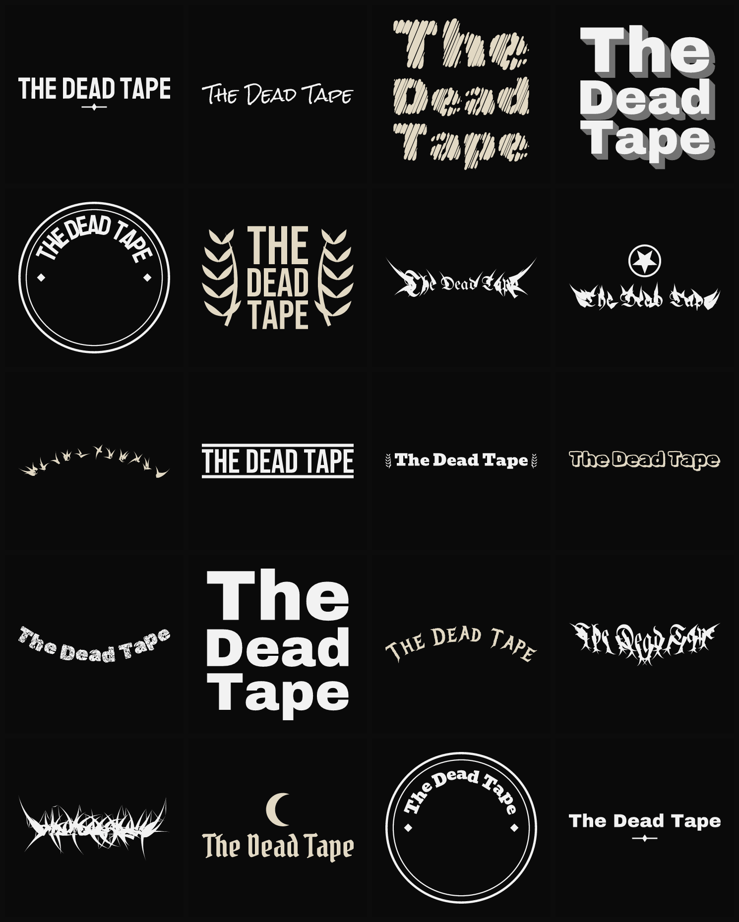 Twenty The Dead Tape band logo ideas — different faces, treatments and spike settings