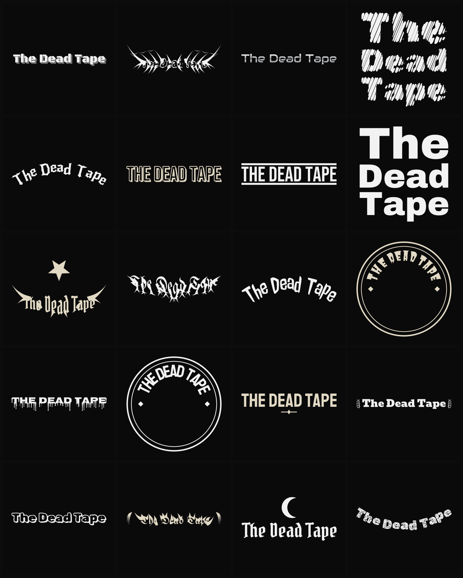 Twenty The Dead Tape band logo ideas — different faces, treatments and spike settings
