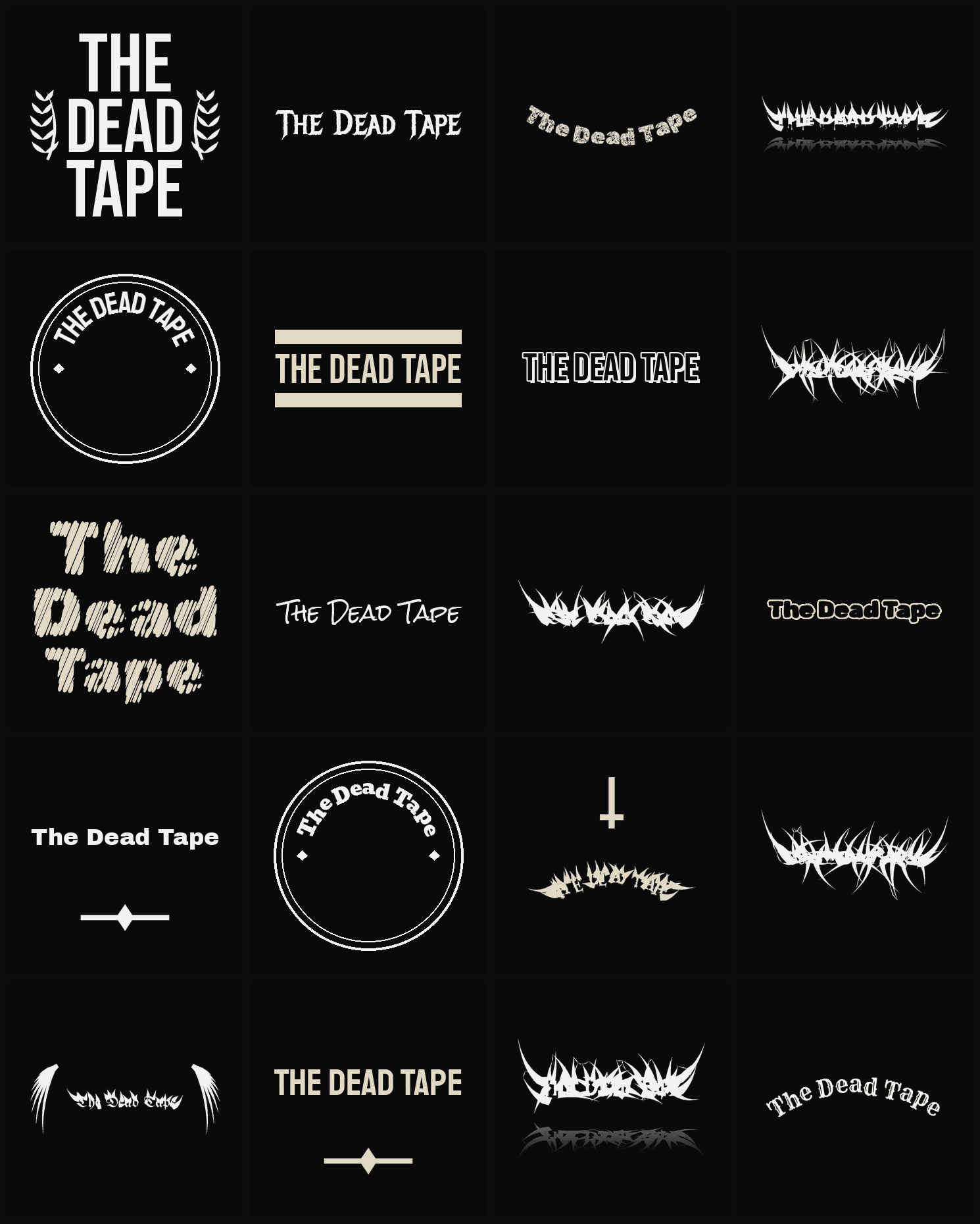 Twenty The Dead Tape band logo ideas — different faces, treatments and spike settings