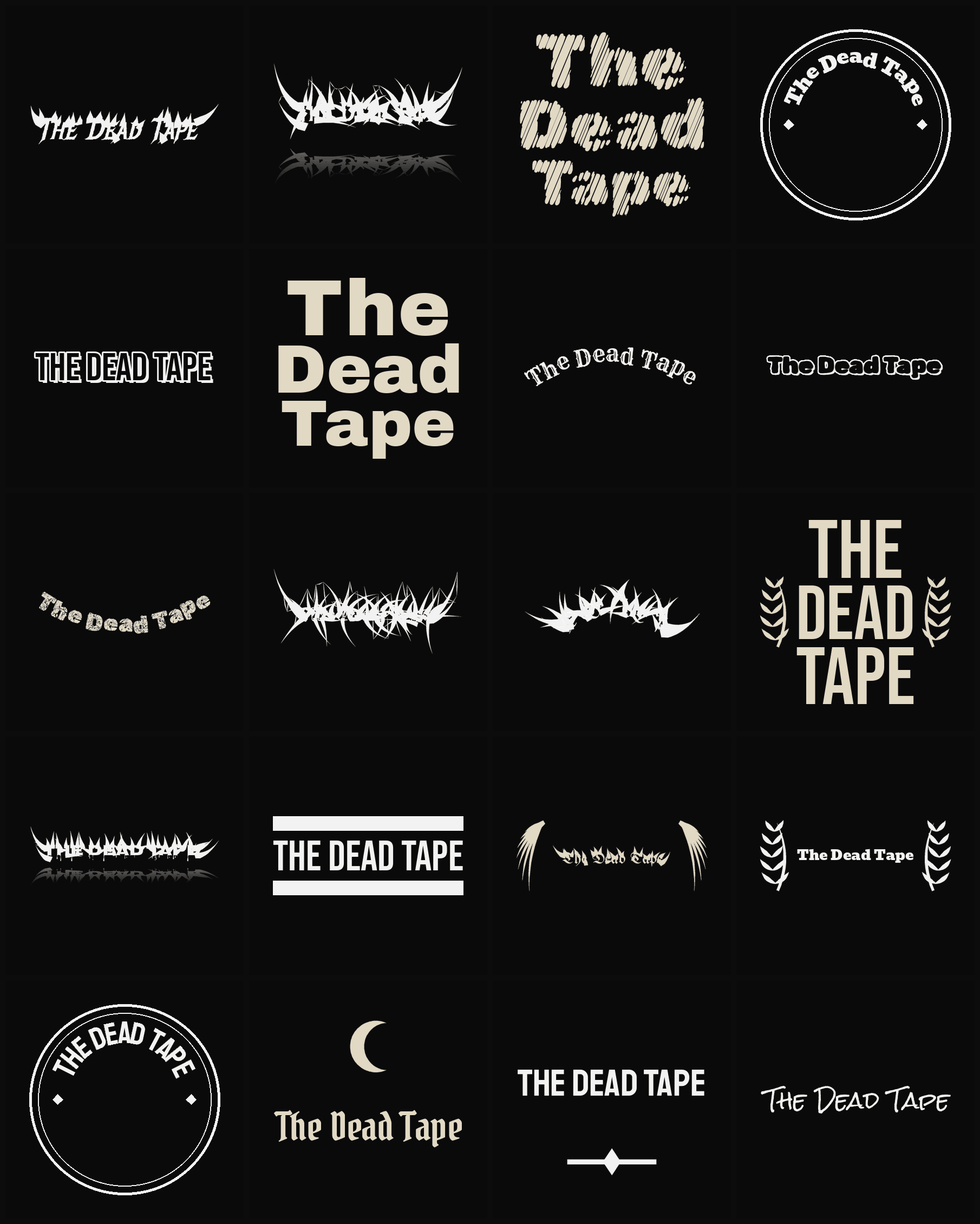 Twenty The Dead Tape band logo ideas — different faces, treatments and spike settings