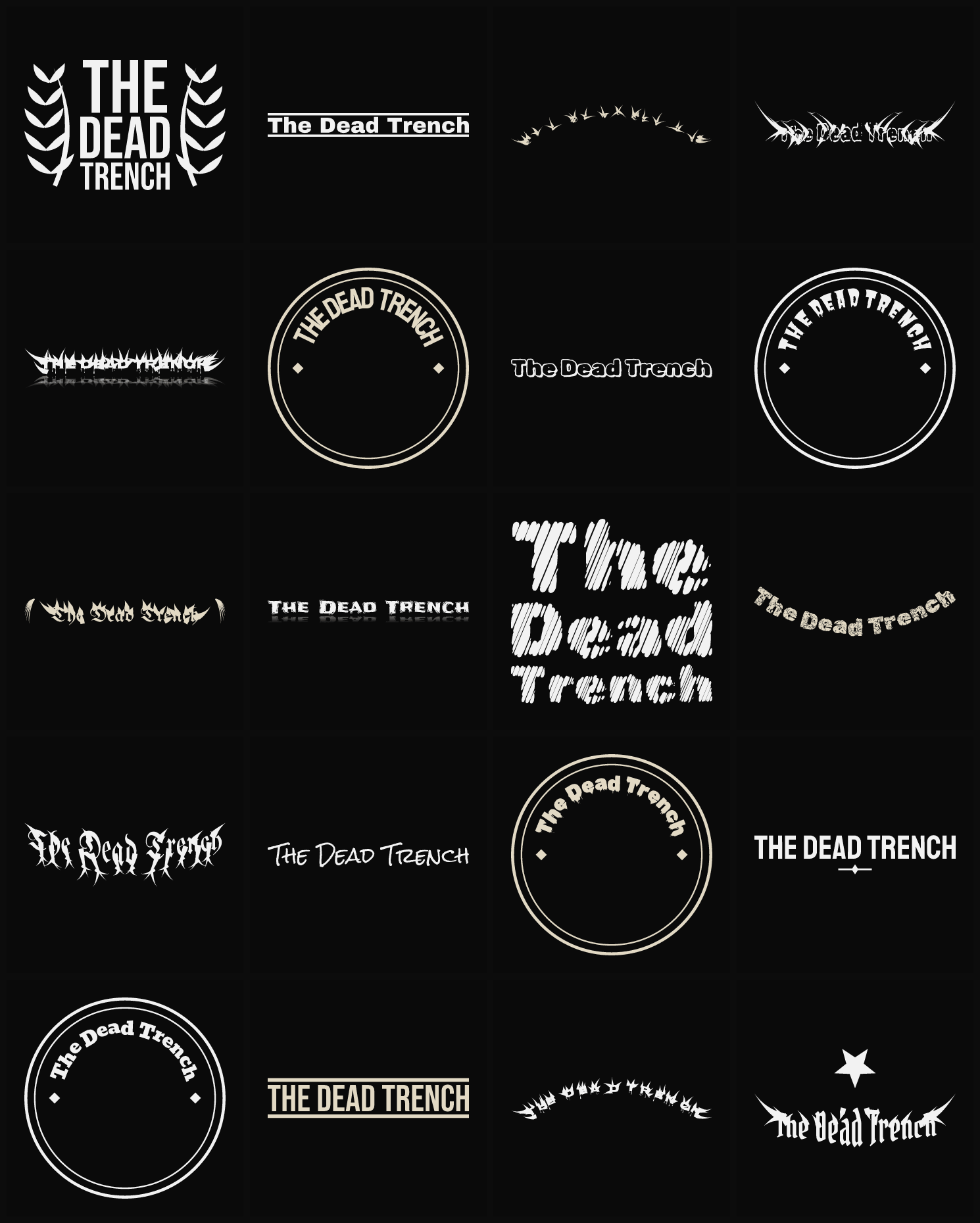 Twenty The Dead Trench band logo ideas — different faces, treatments and spike settings