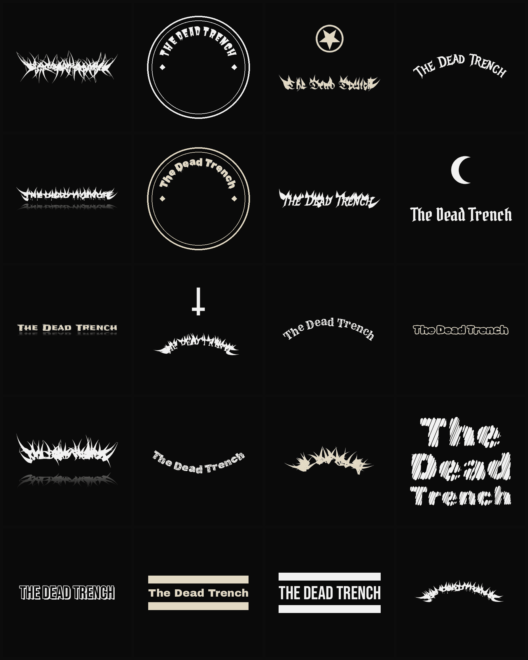 Twenty The Dead Trench band logo ideas — different faces, treatments and spike settings