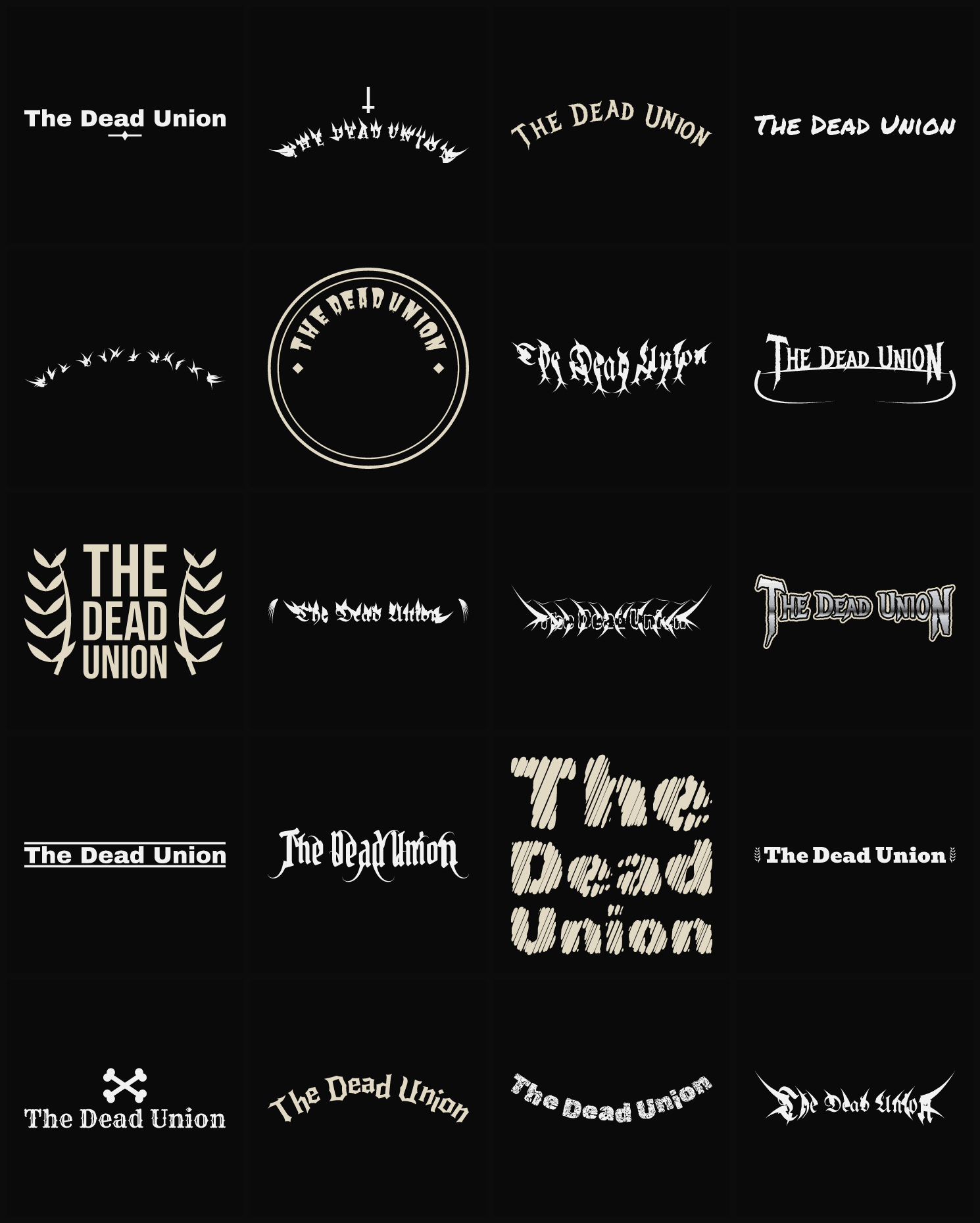 Twenty The Dead Union band logo ideas — different faces, treatments and spike settings